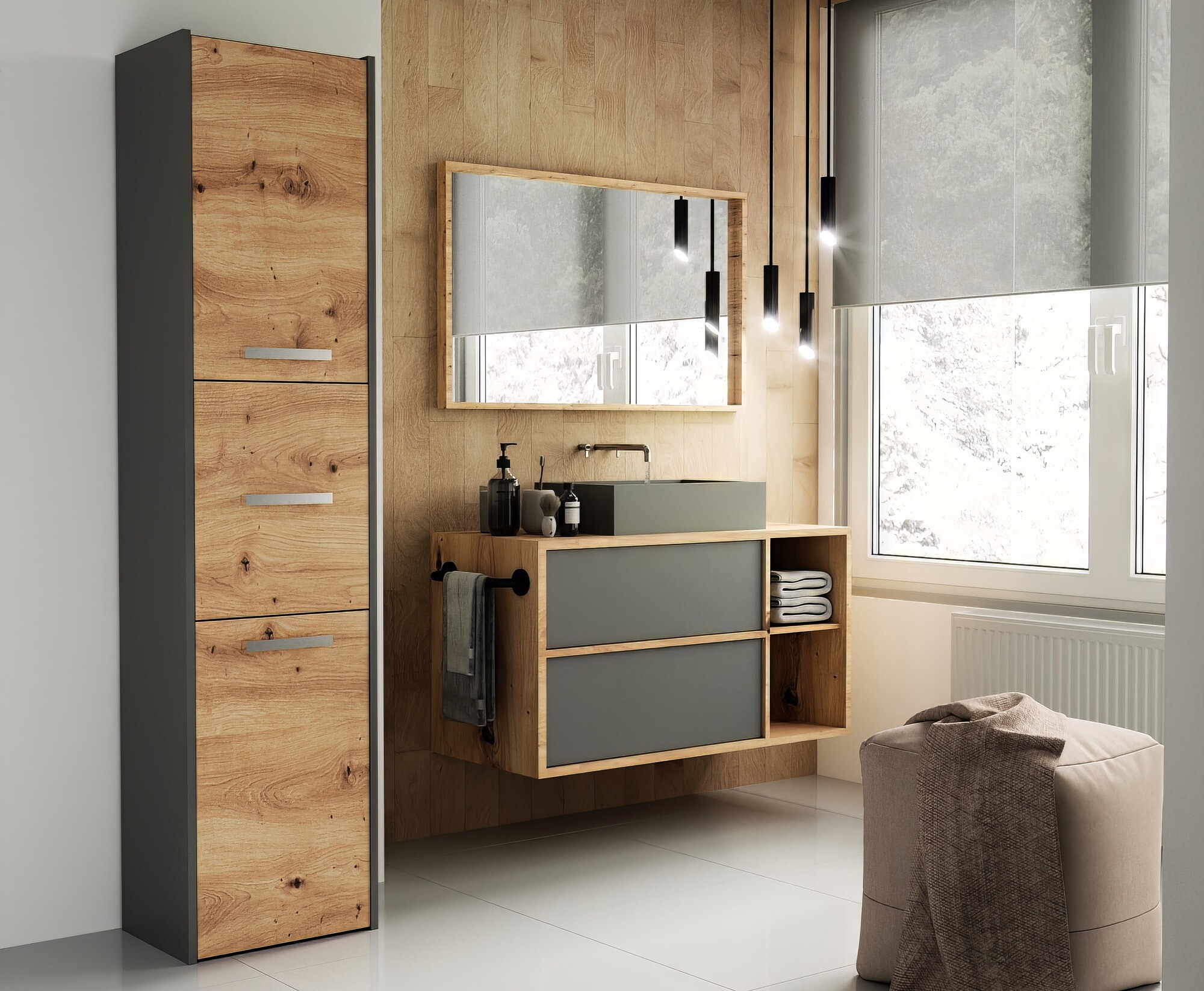 Prostostoječa Kopalniška omarica Mandeville 251 (Antracit + Artisan hrast)