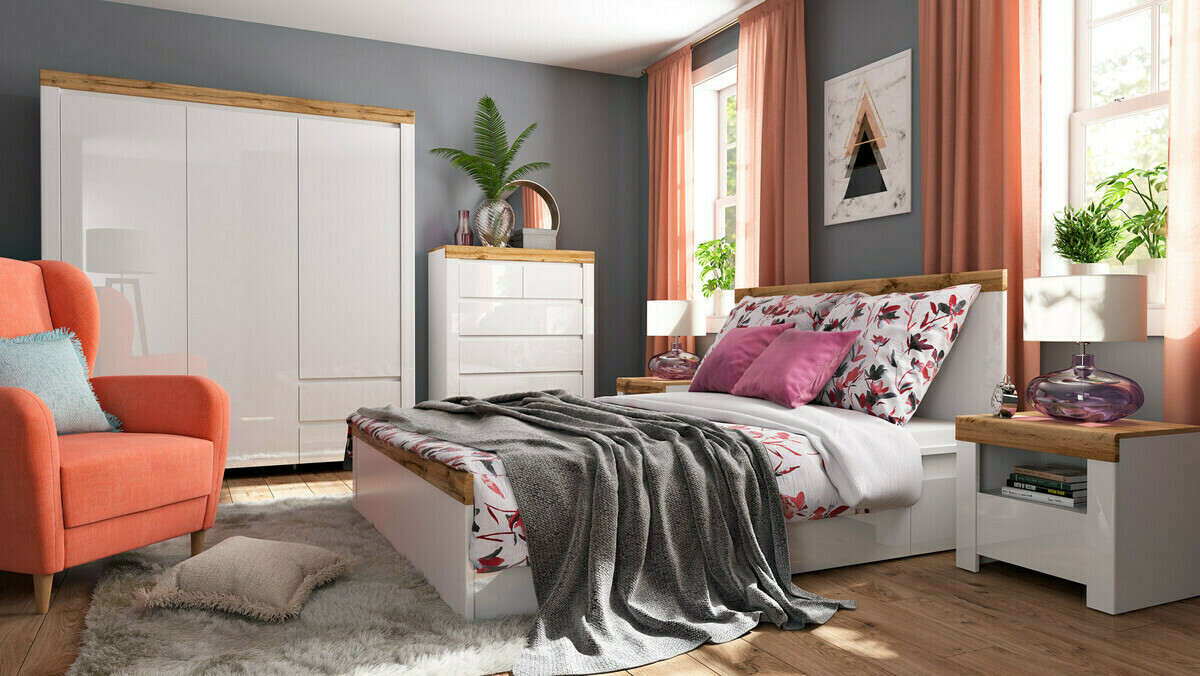 Nočna omarica Sonsoru 113 (Bela + Sijaj bela + Wotan hrast)