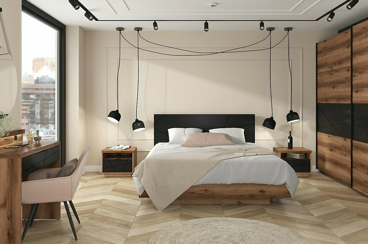 Nočna omarica Fivale 115 (Temni delano hrast + Mat črna)