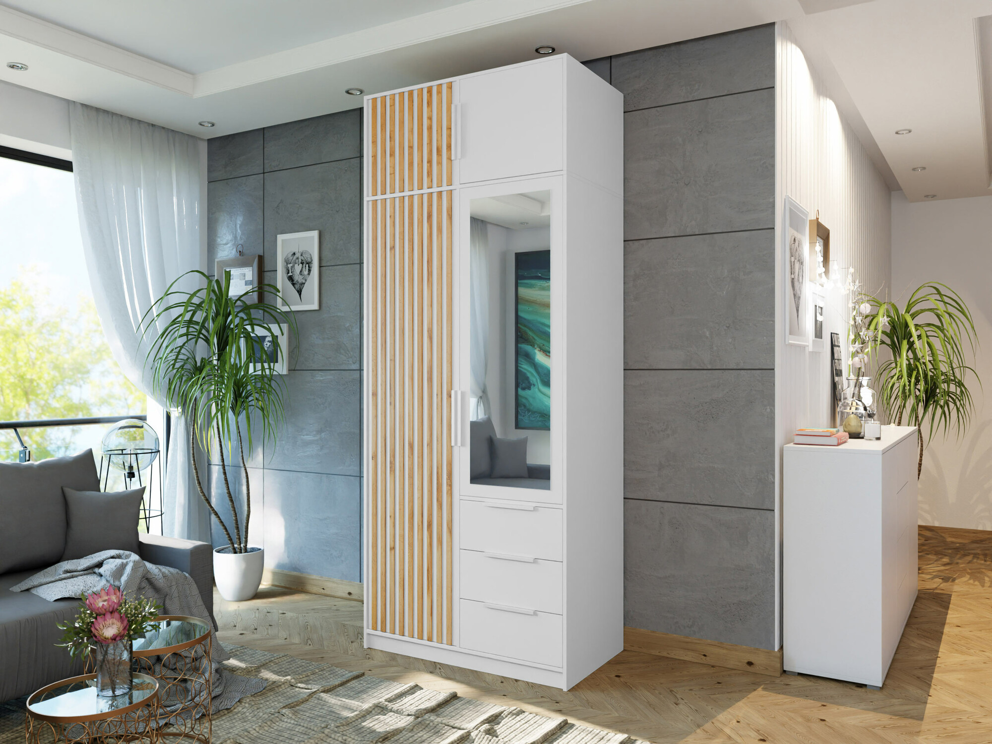 Garderobna omara Collis (Bela + Wotan hrast)