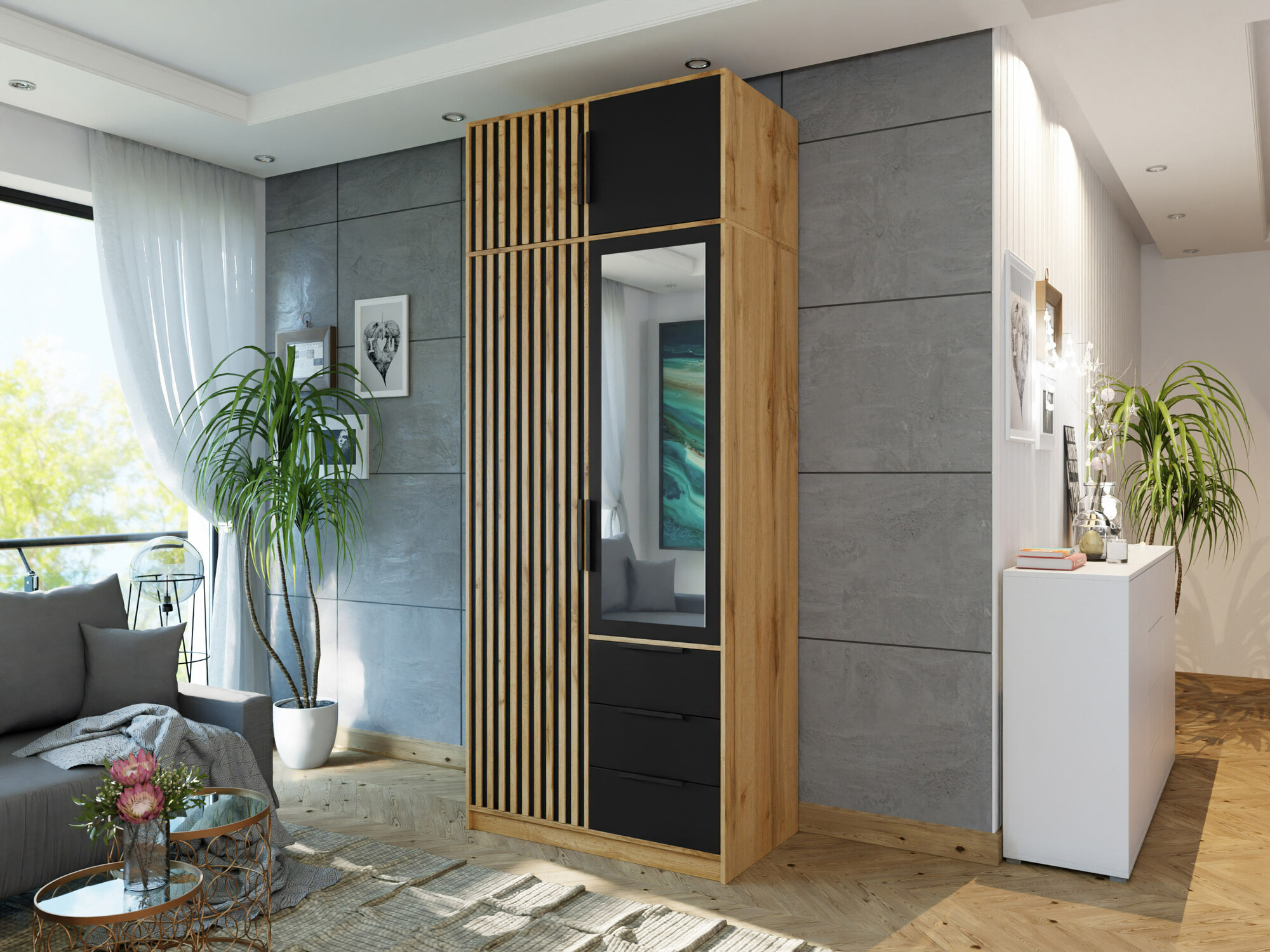 Garderobna omara Enolevo 104 (Wotan hrast + Črna)