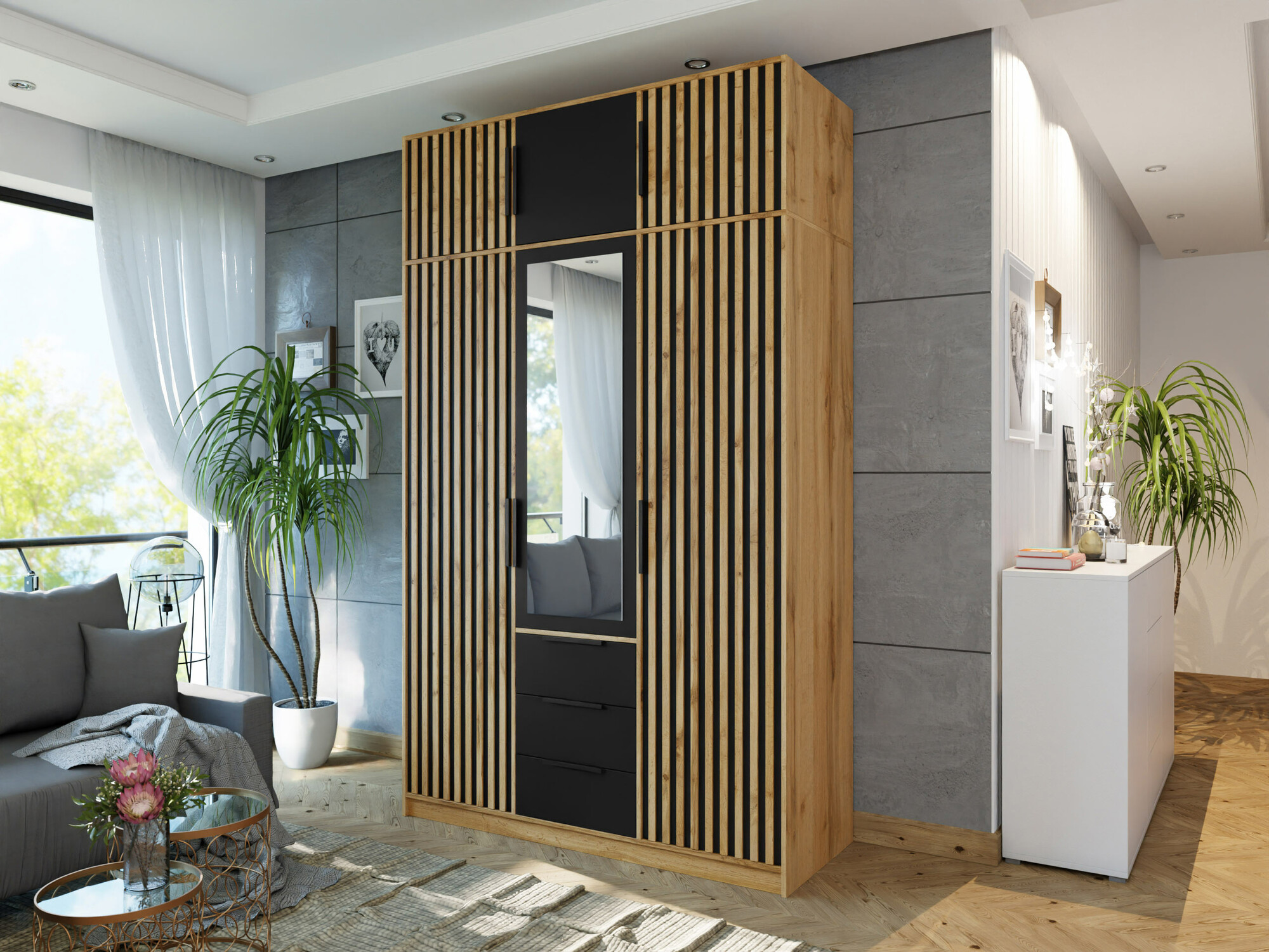 Garderobna omara Enolevo 106 (Wotan hrast + Črna)