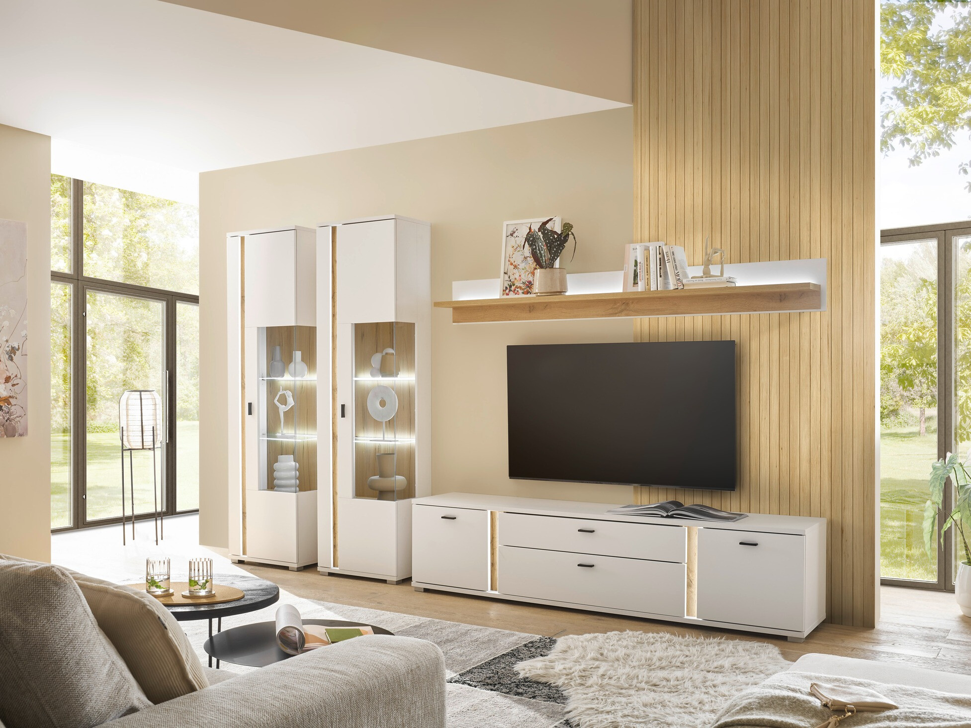 Komplet za dnevno sobo Avimavi 113 (Bela + Wotan hrast)