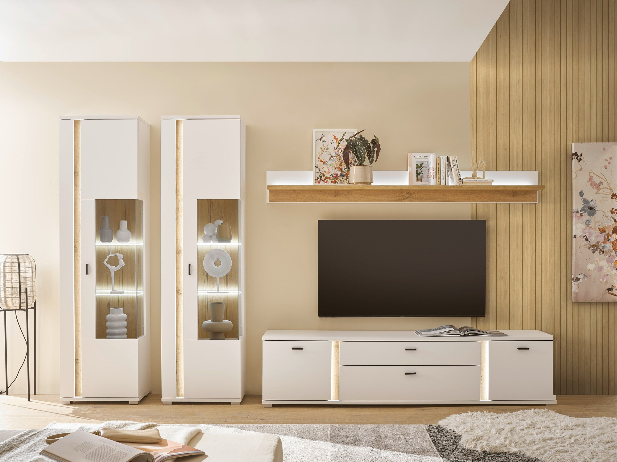 Komplet za dnevno sobo Avimavi 113 (Bela + Wotan hrast)