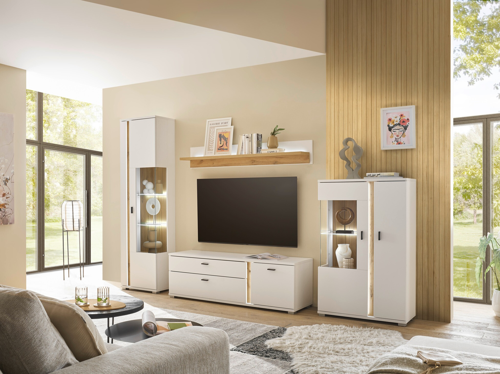 Komplet za dnevno sobo Avimavi 115 (Bela + Wotan hrast)