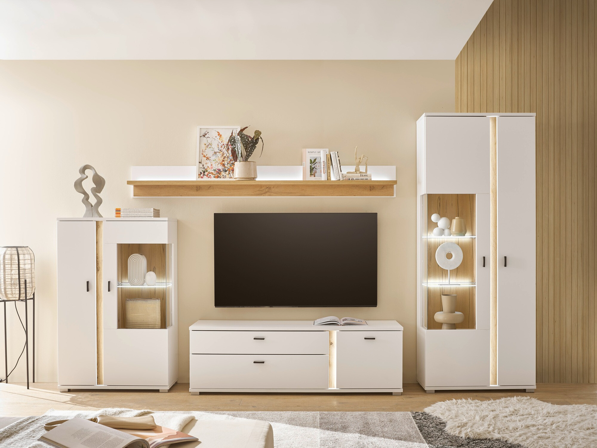 Komplet za dnevno sobo Avimavi 117 (Bela + Wotan hrast)