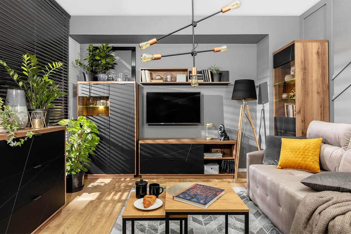 TV-omarica Fivale 104 (Temni delano hrast + Mat črna)