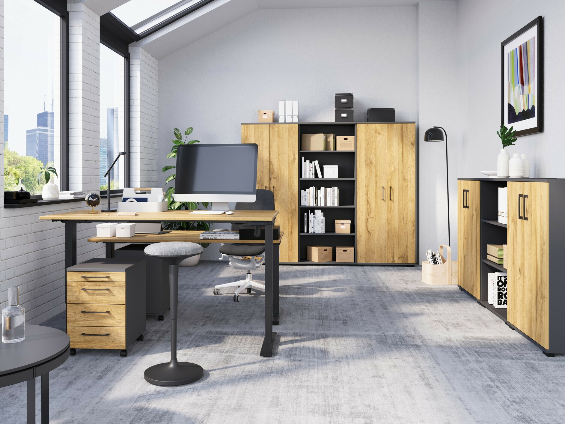 Dvižna pisalna miza Lartesi 117 (Hrast Grandson + Črna)