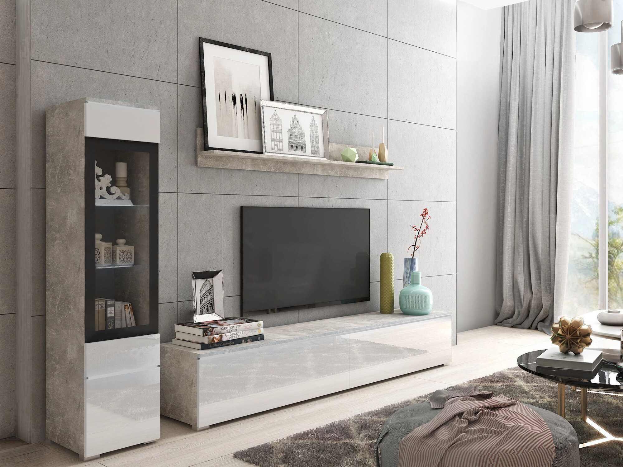 Komplet za dnevno sobo Sarasota 125 (Beton + Sijaj bela)