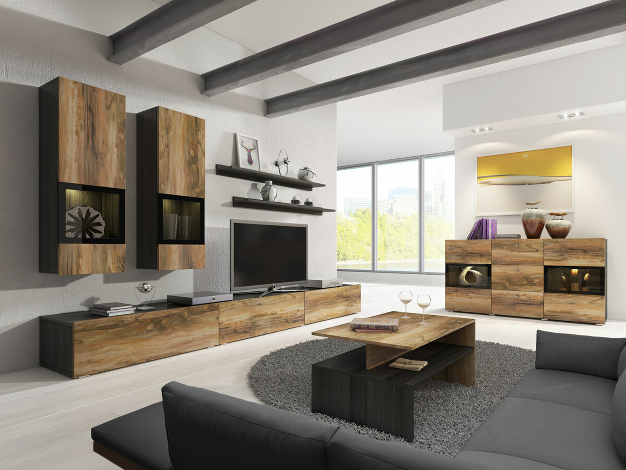 Komplet za dnevno sobo Serodeu 104 (Oreh + Temno rjava)