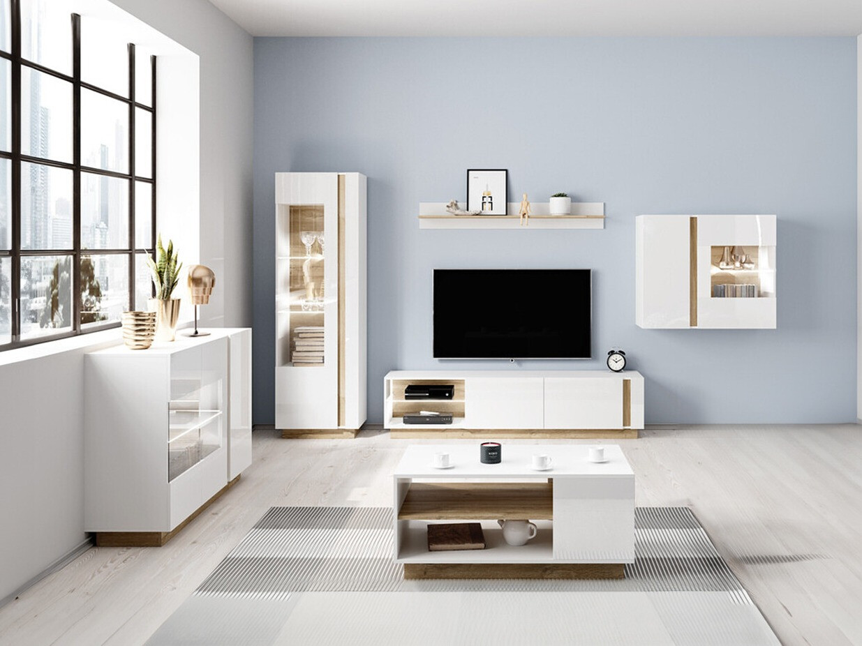 Komplet za dnevno sobo Novbela 114 (Bela + Sijaj bela + Hrast Grandson)