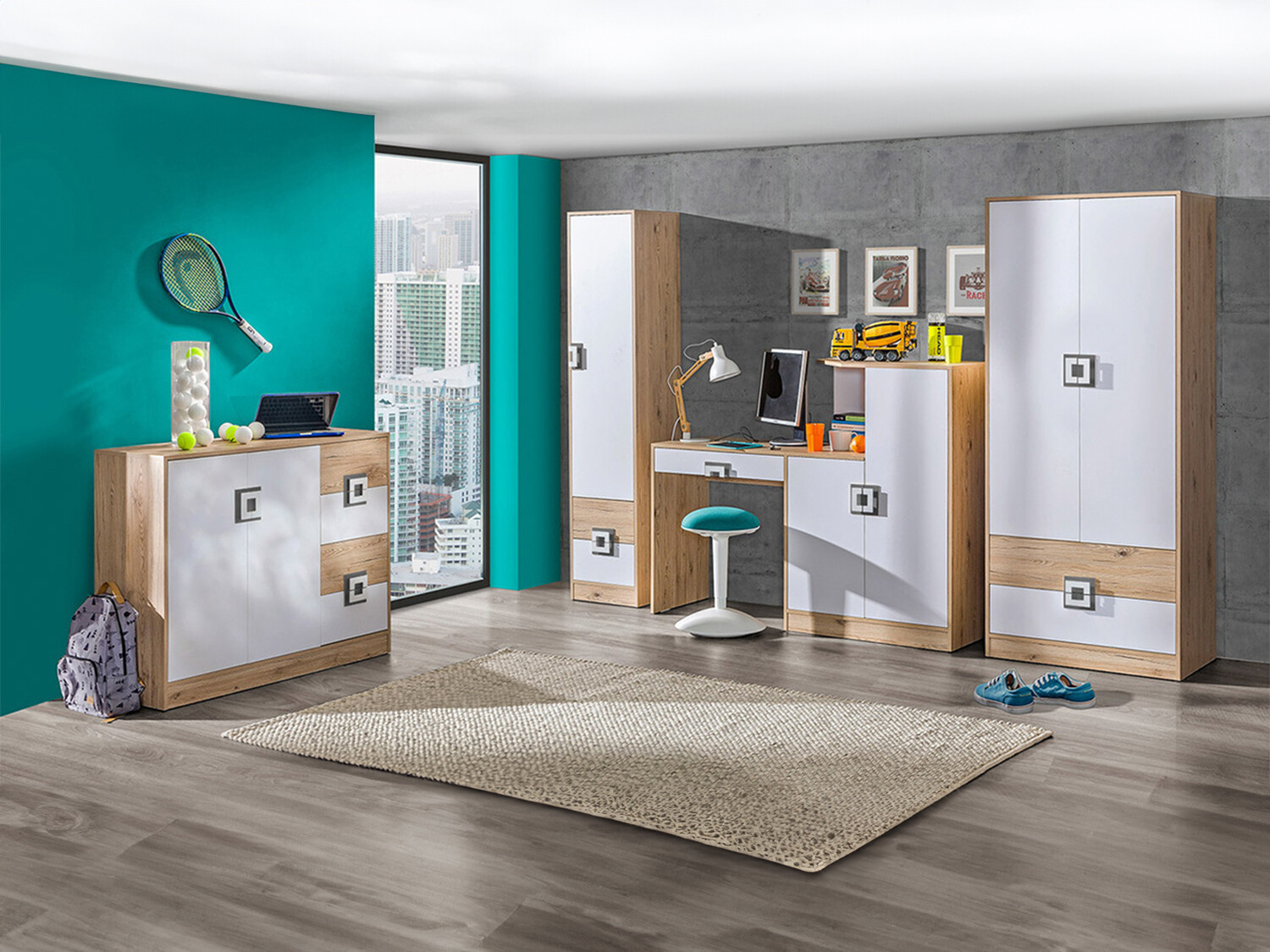 Komplet pohištva za otroško sobo Balvire 114 (Lahki hrast + Bela + Siva)