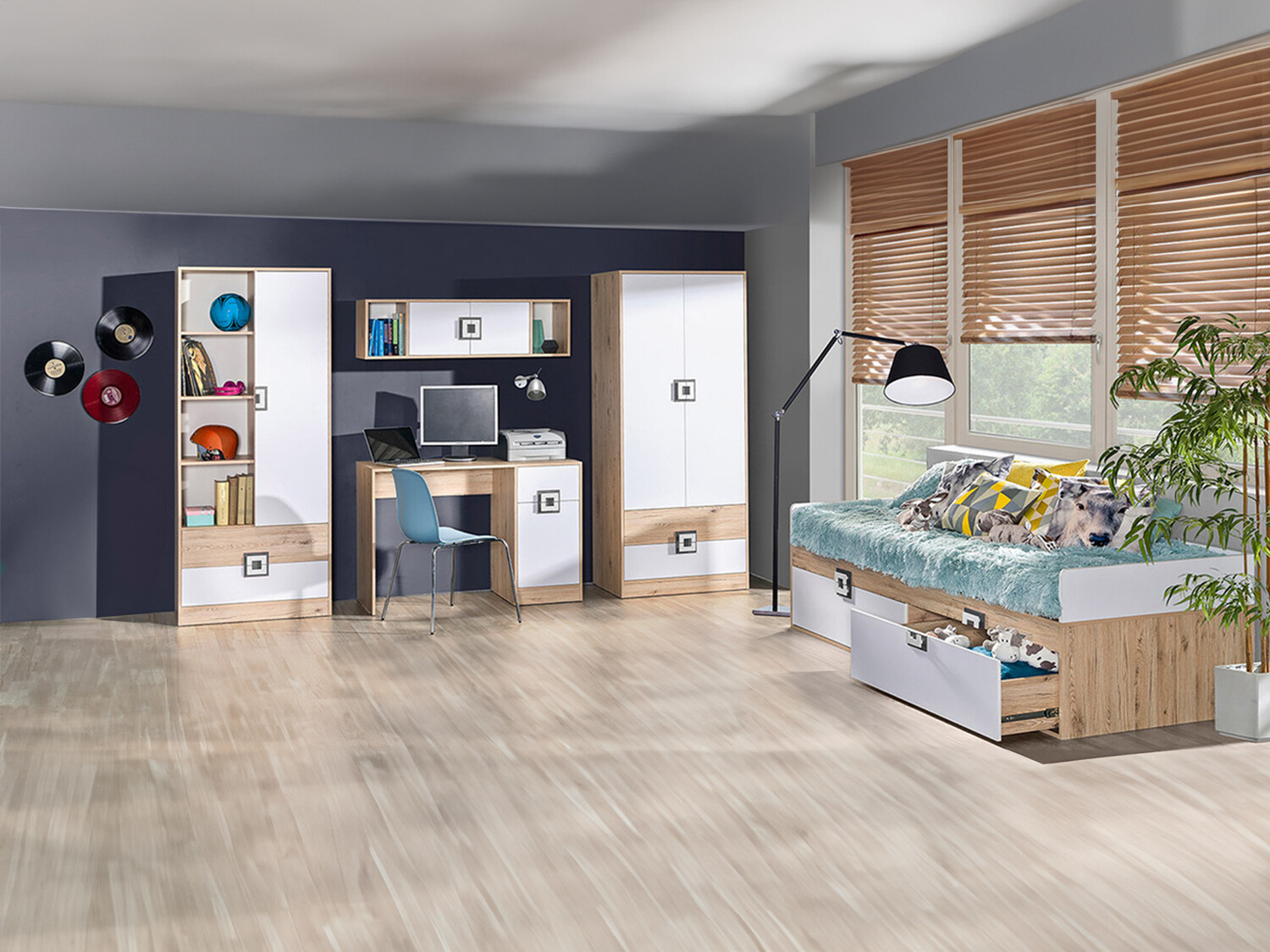 Komplet pohištva za otroško sobo Balvire 116 (Lahki hrast + Bela + Siva)
