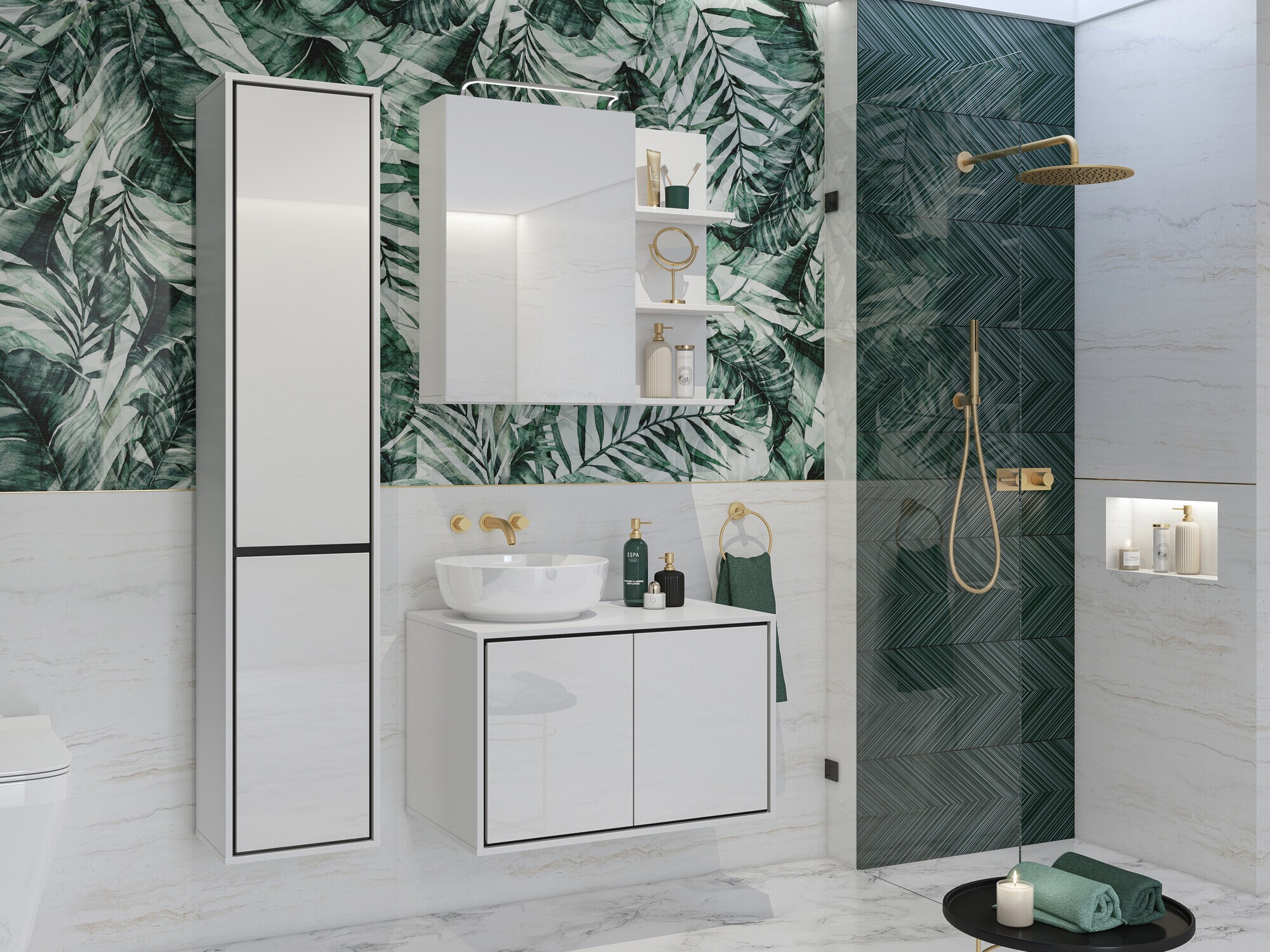 Kopalniška omarica z ogledalom Tecavu 102 (Sijaj bela + Bela)