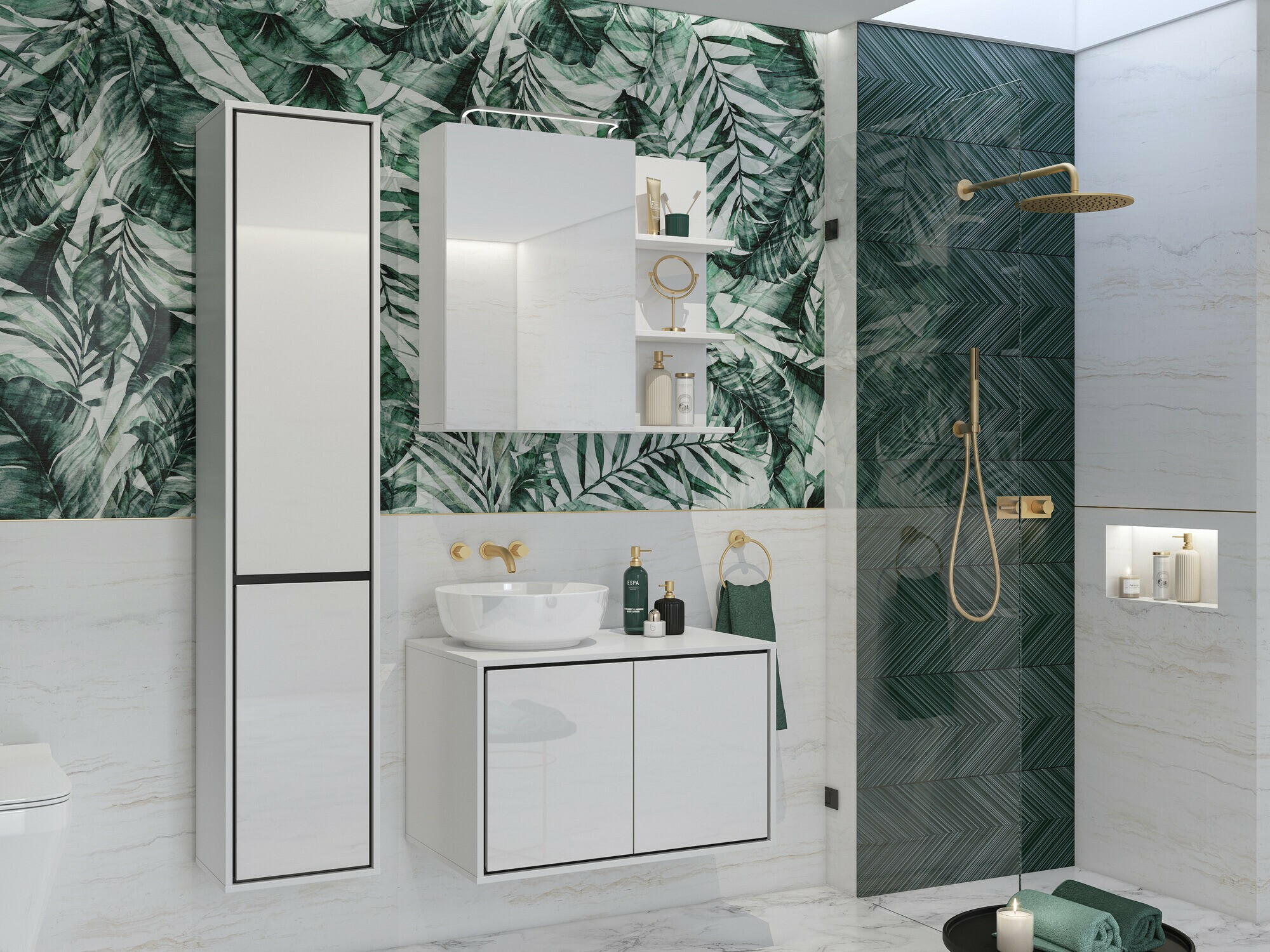 Prostostoječa Kopalniška omarica Tecavu 101 (Sijaj bela + Bela)