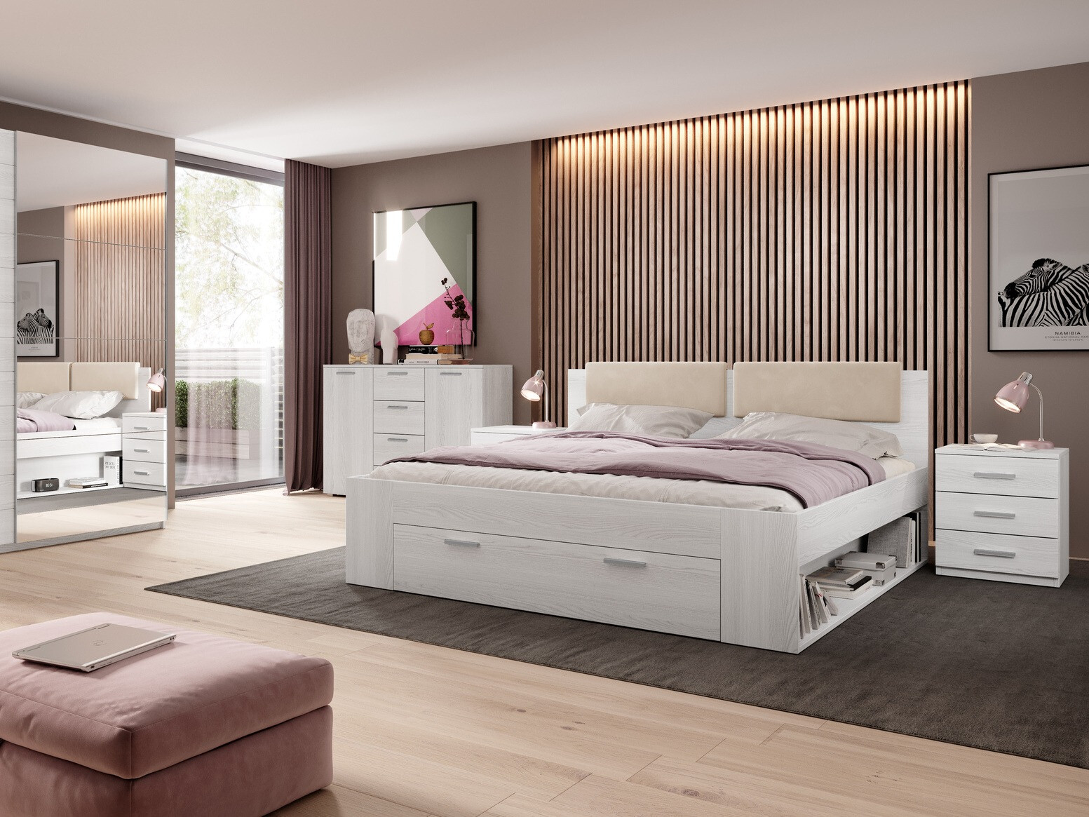 Postelja Levruvu 110 (Beljeni jasen + Bež)