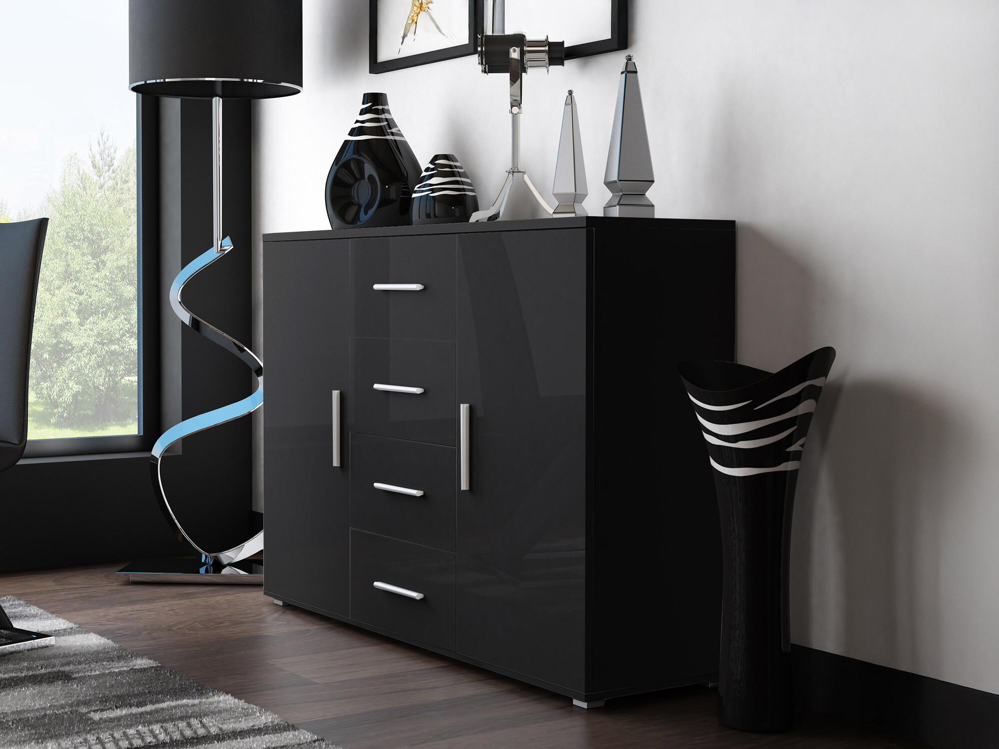 Komoda Charlotte 118 (Črna + Sijaj črna)
