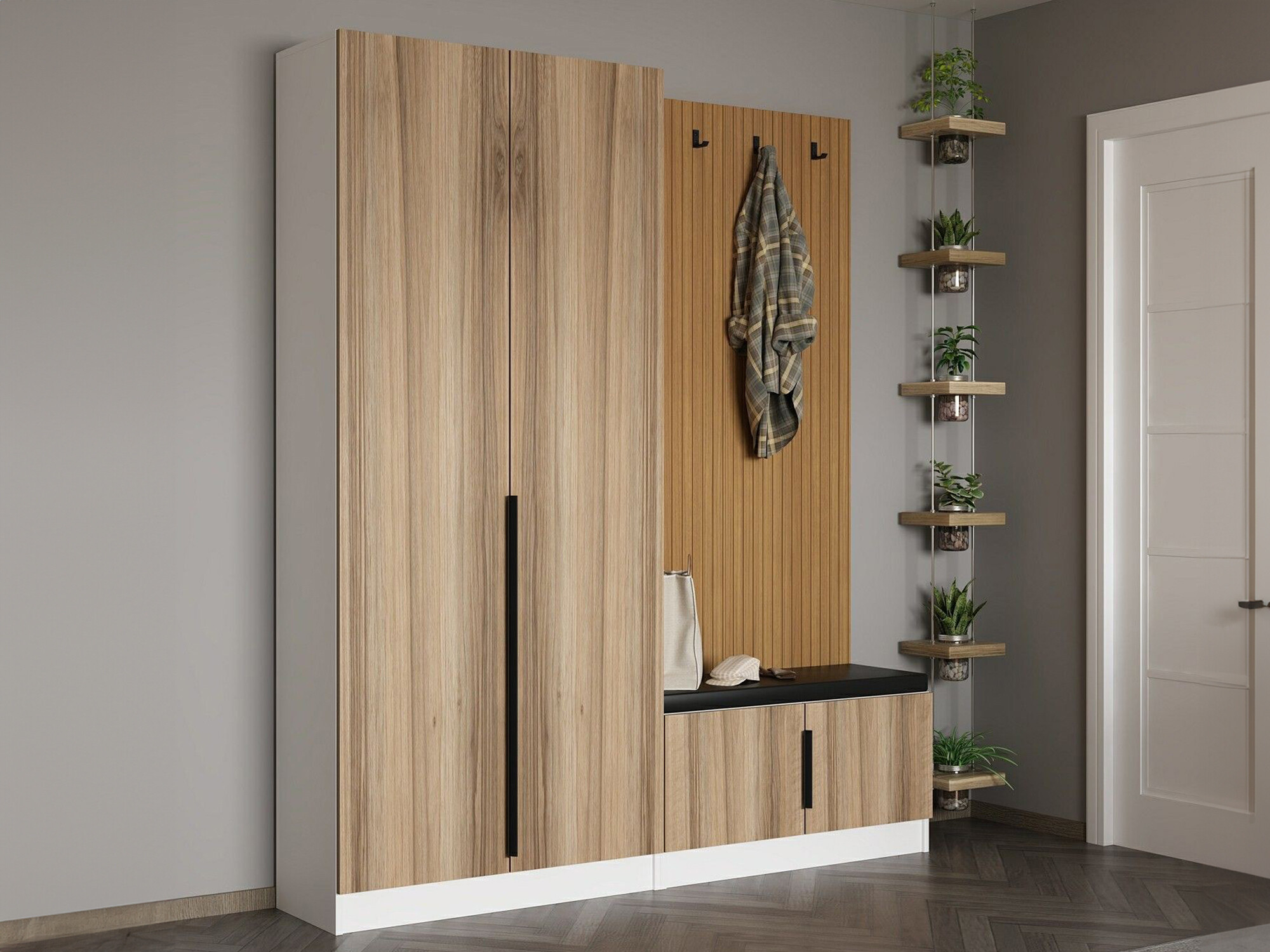 Komplet za predsobo Kailua E105 (Bela + Oreh + Svetel les)