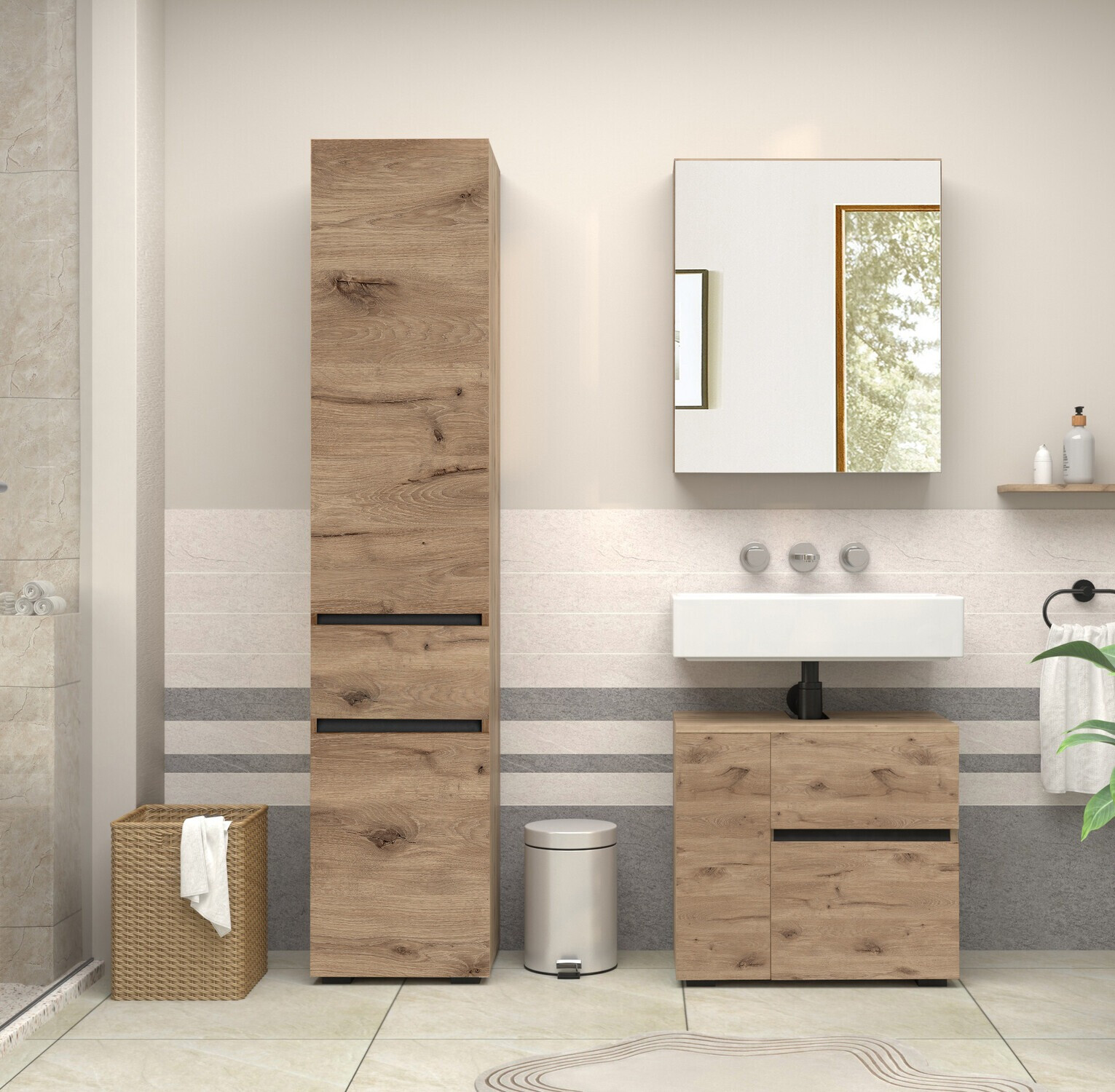 Prostostoječa kopalniška omarica za umivalnik Soncamu 108 (Hrast)