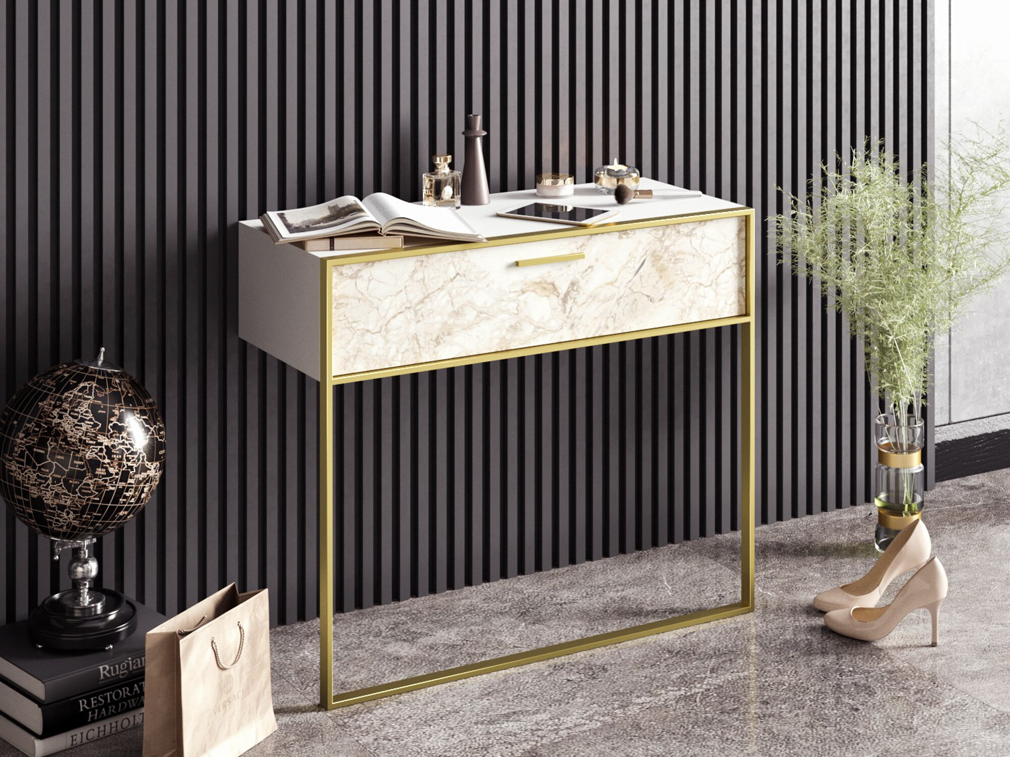 Konzolna miza Kailua 907 (Bela + Beli marmor)