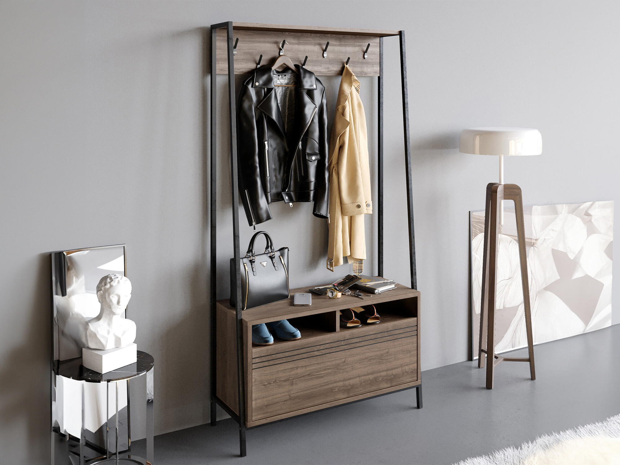 Komplet za predsobo Kailua 462 (Črna + Oreh)