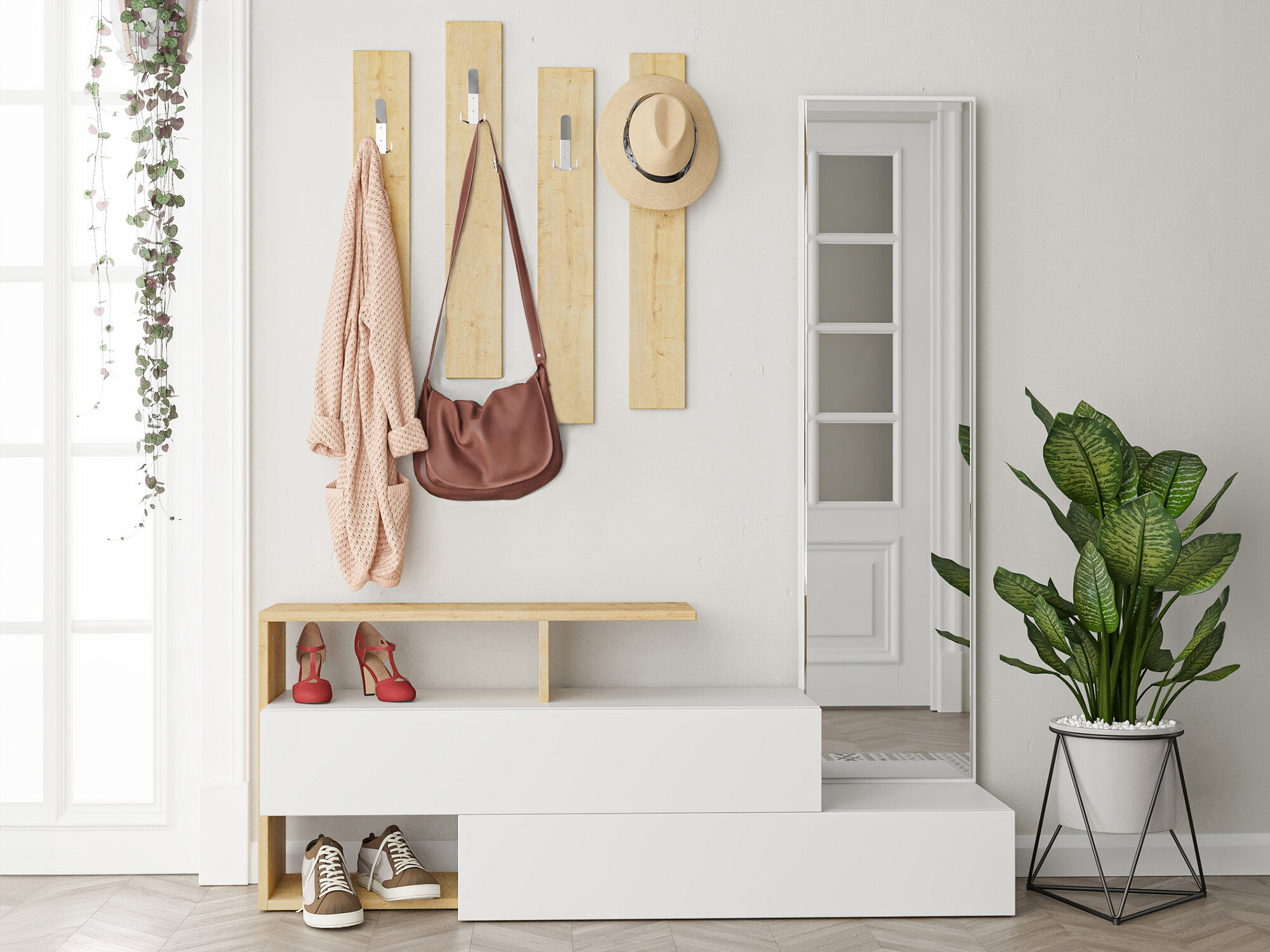 Komplet za predsobo Kailua 502 (Bela + Hrast)