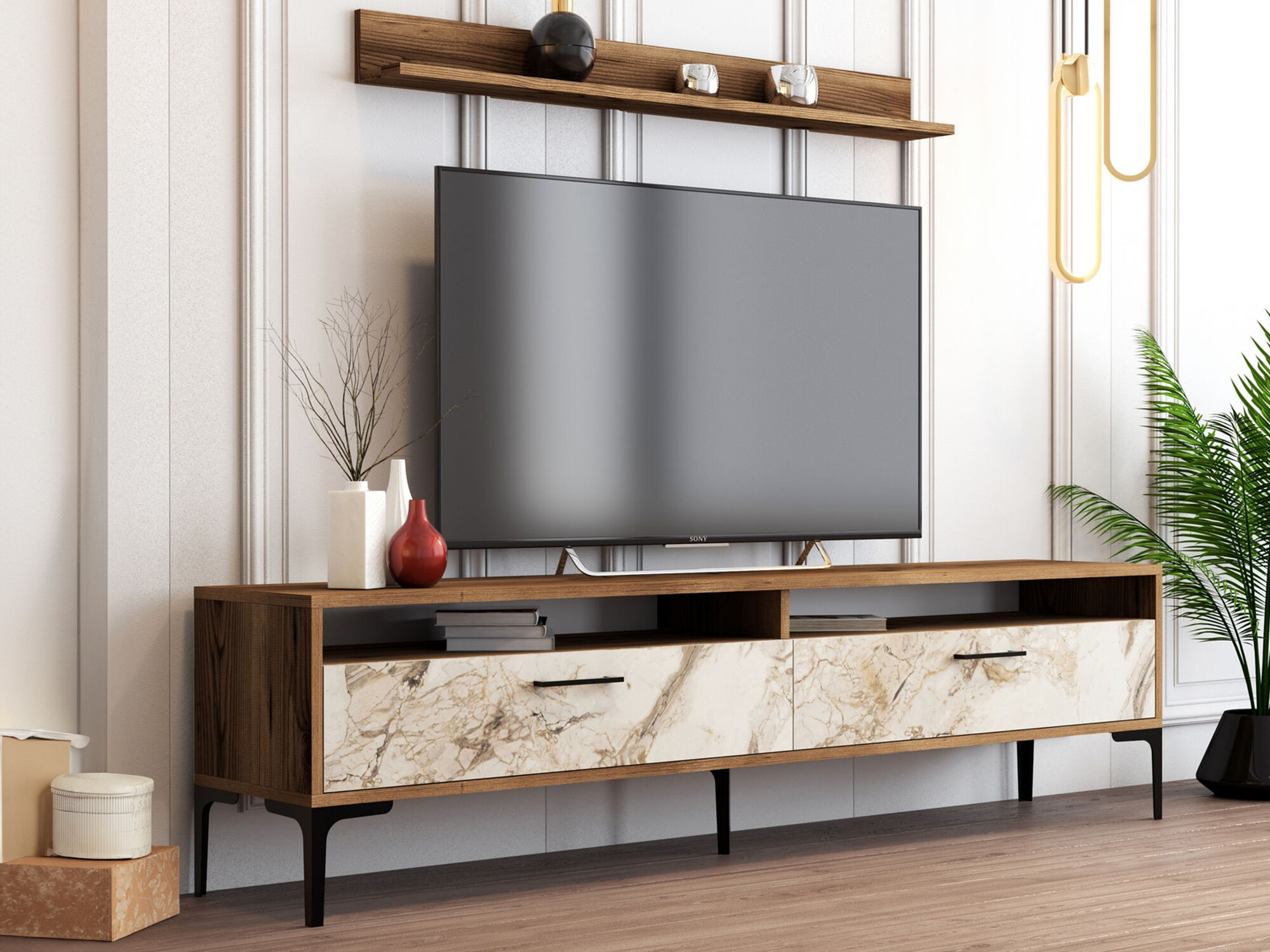 Komplet za dnevno sobo Kailua 857 (Oreh + Beli marmor)