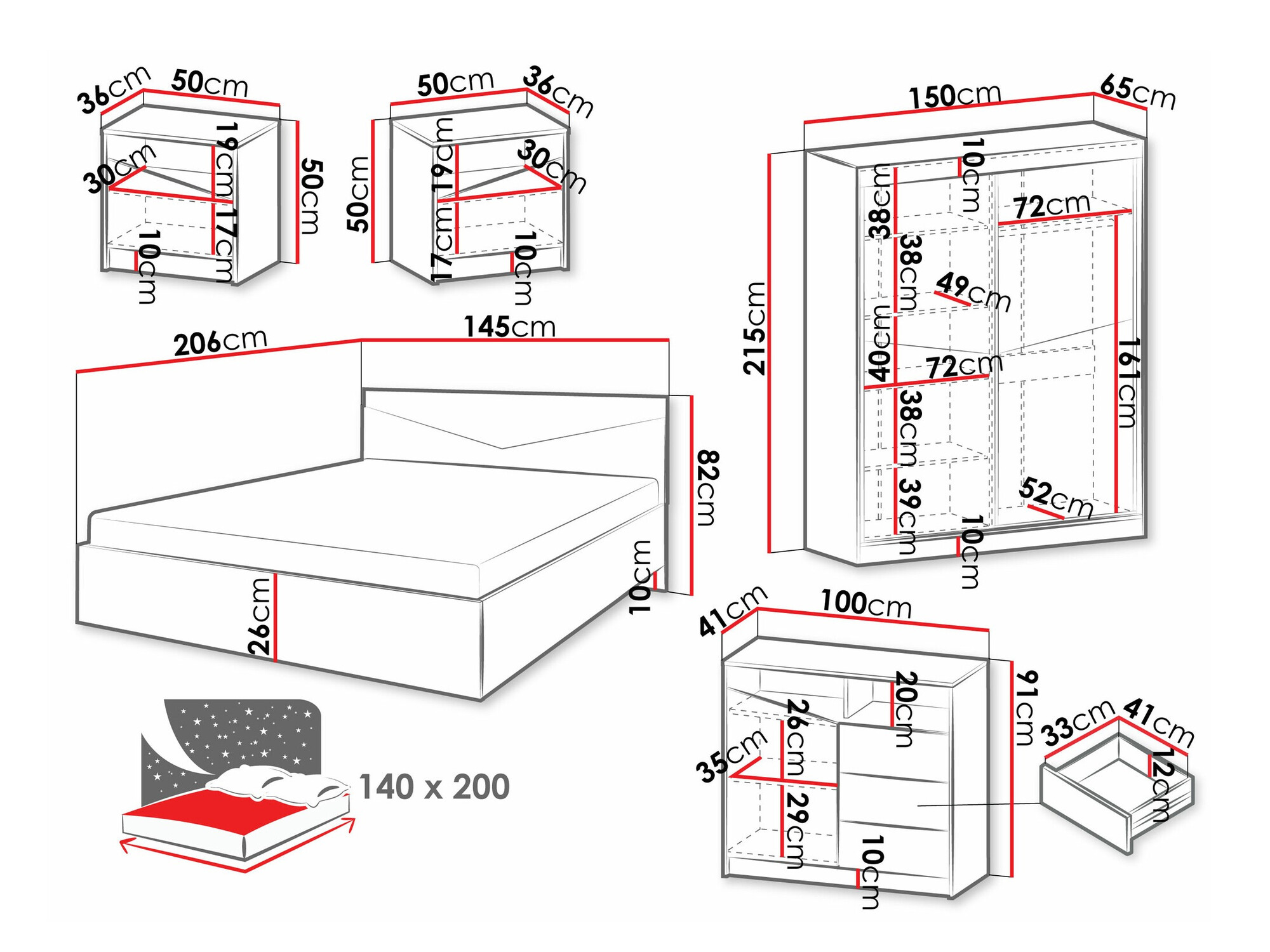 Komplet spalnic Tenreme 108 (Hrast + Črna)