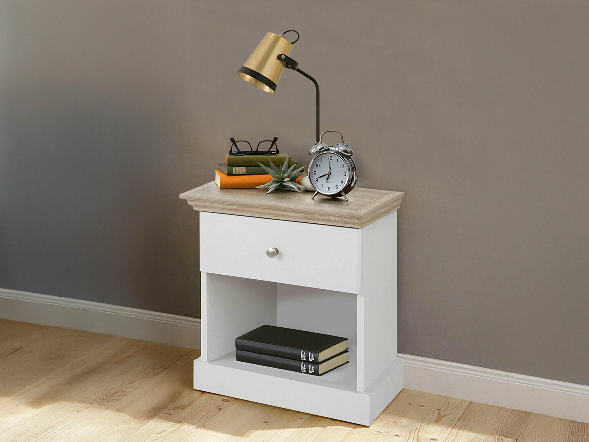 Nočna omarica Lirveri 111 (Bela + Lahki hrast)