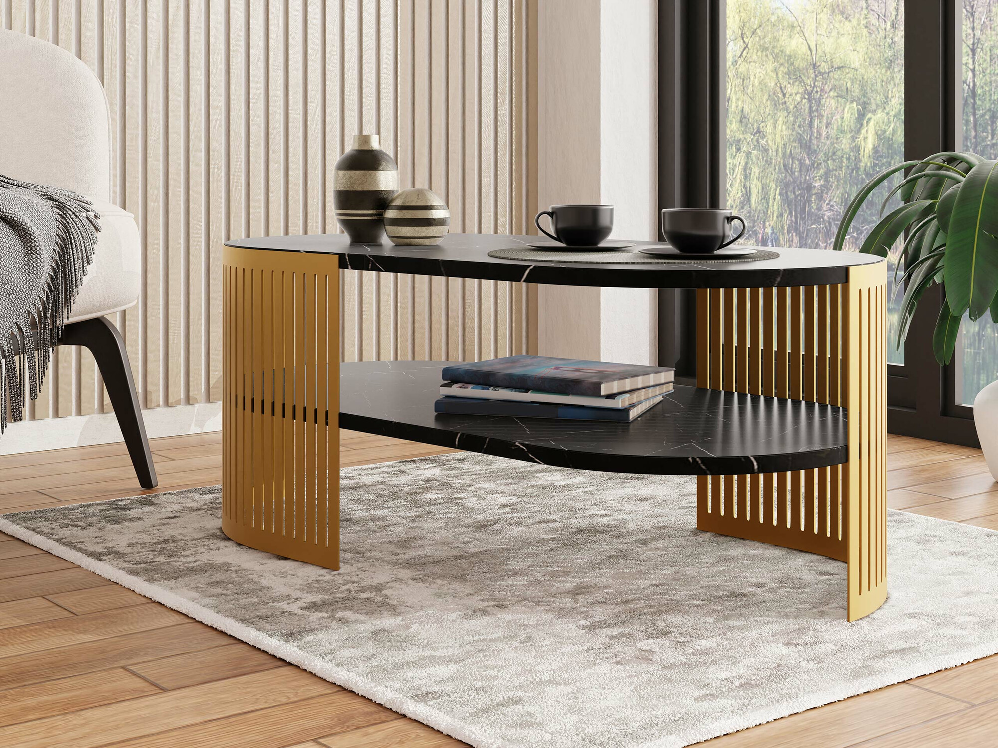 Klubska mizica Sordore 119 (Zlata + Črni marmor)