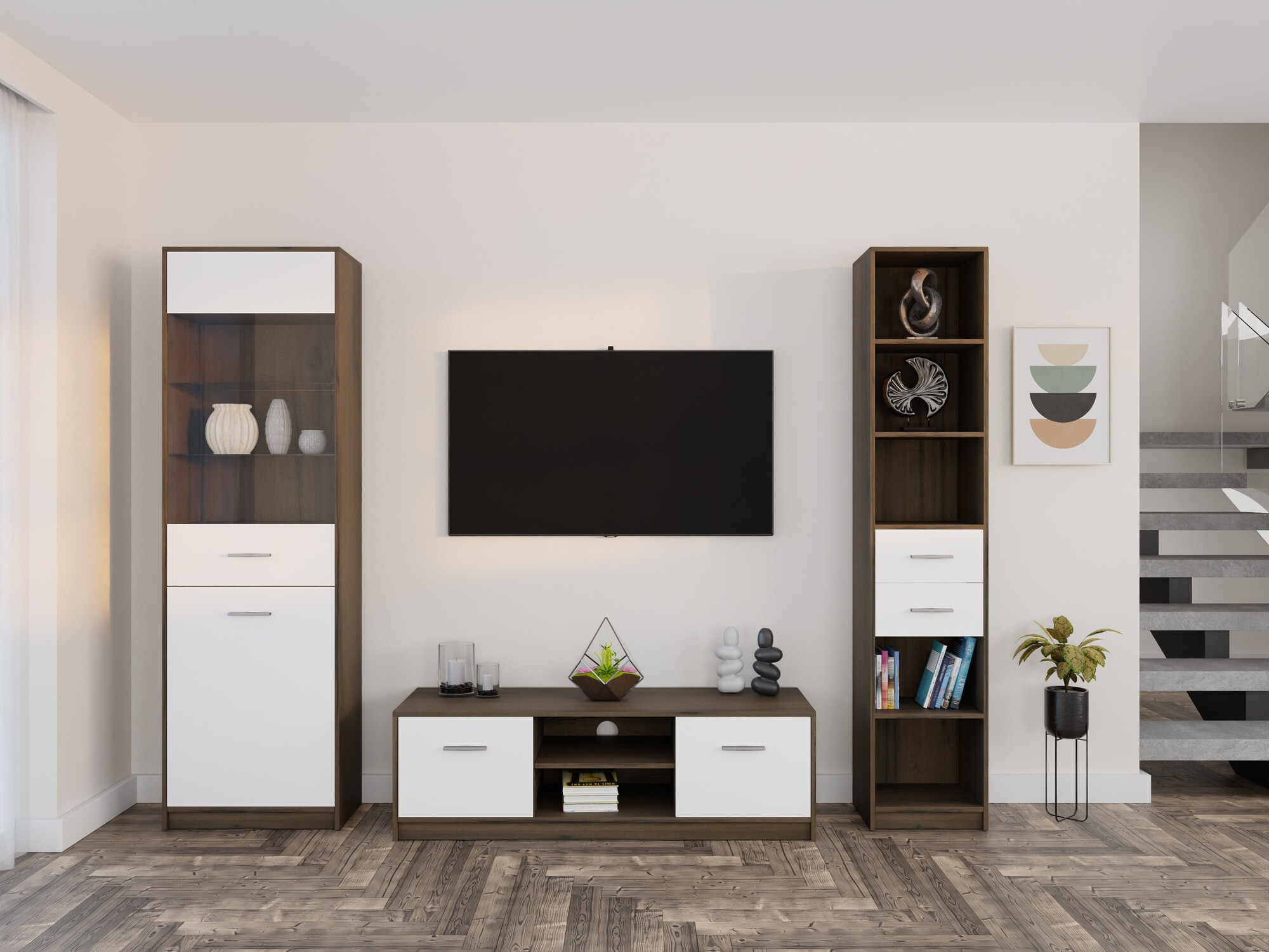 Komplet za dnevno sobo Novsore 163 (Temen hrast + Bela)