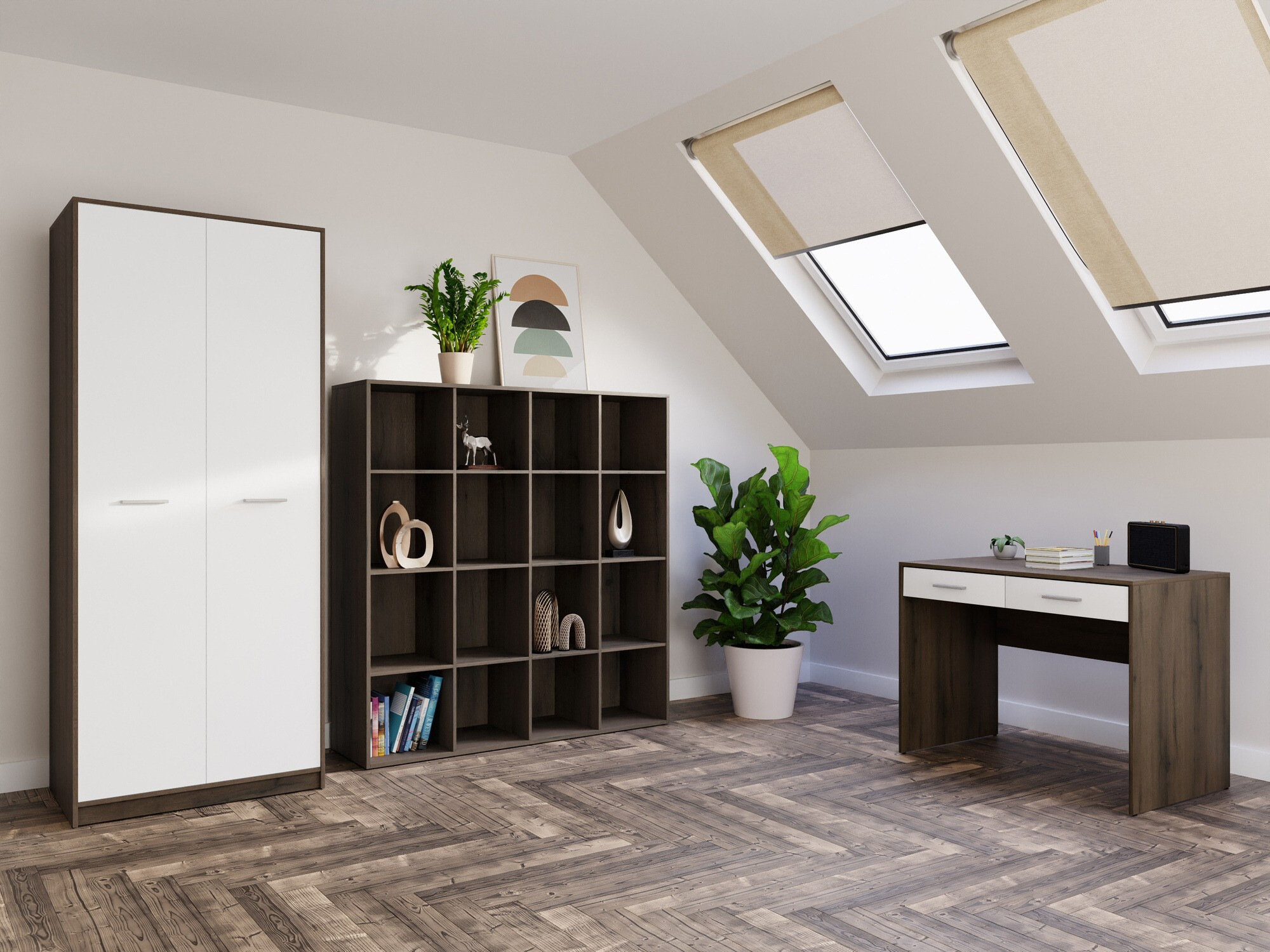 Komplet za domačo pisarno Novsore 166 (Temen hrast + Bela)