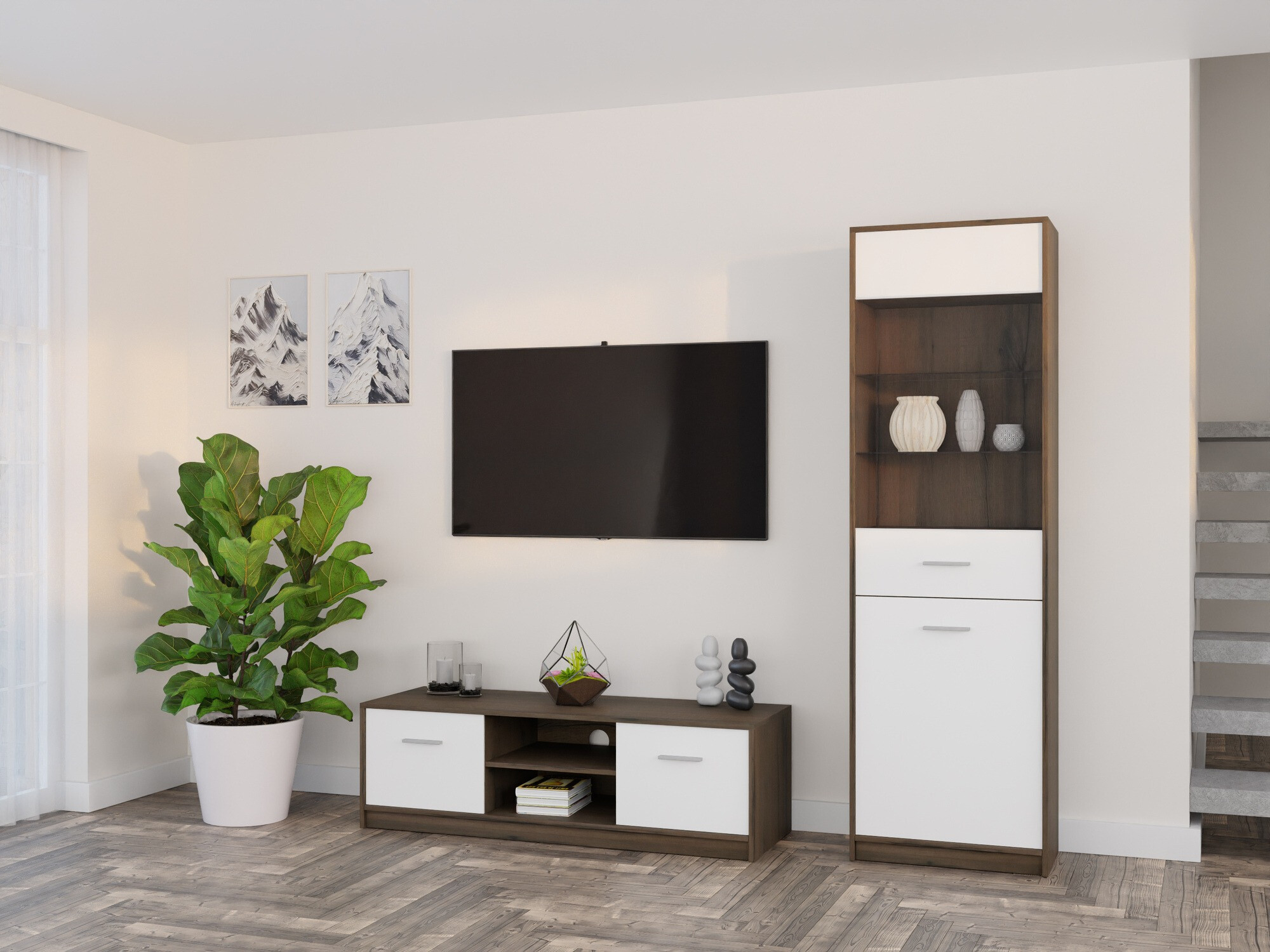 Komplet za dnevno sobo Novsore 161 (Temen hrast + Bela)