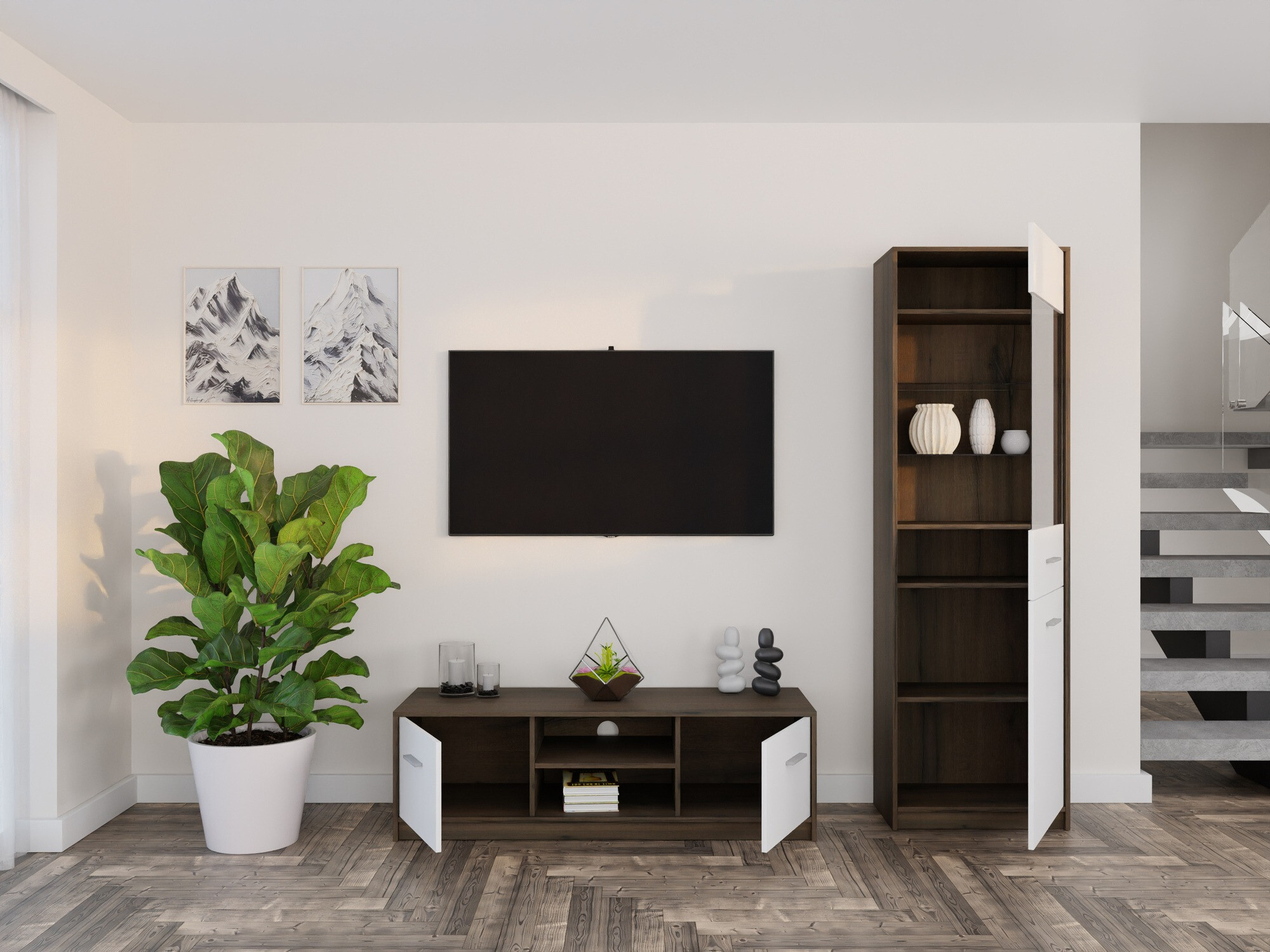 Komplet za dnevno sobo Novsore 161 (Temen hrast + Bela)