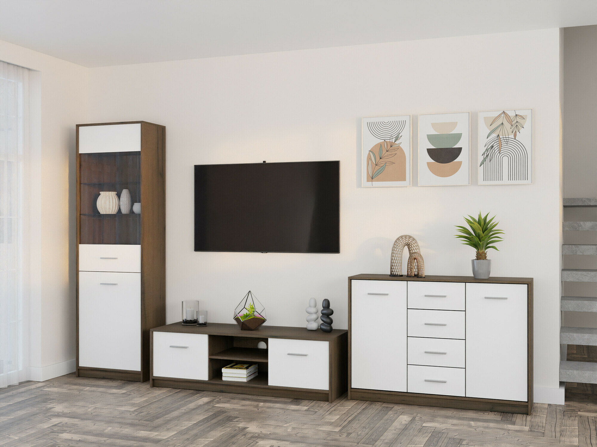 Komplet za dnevno sobo Novsore 162 (Temen hrast + Bela)