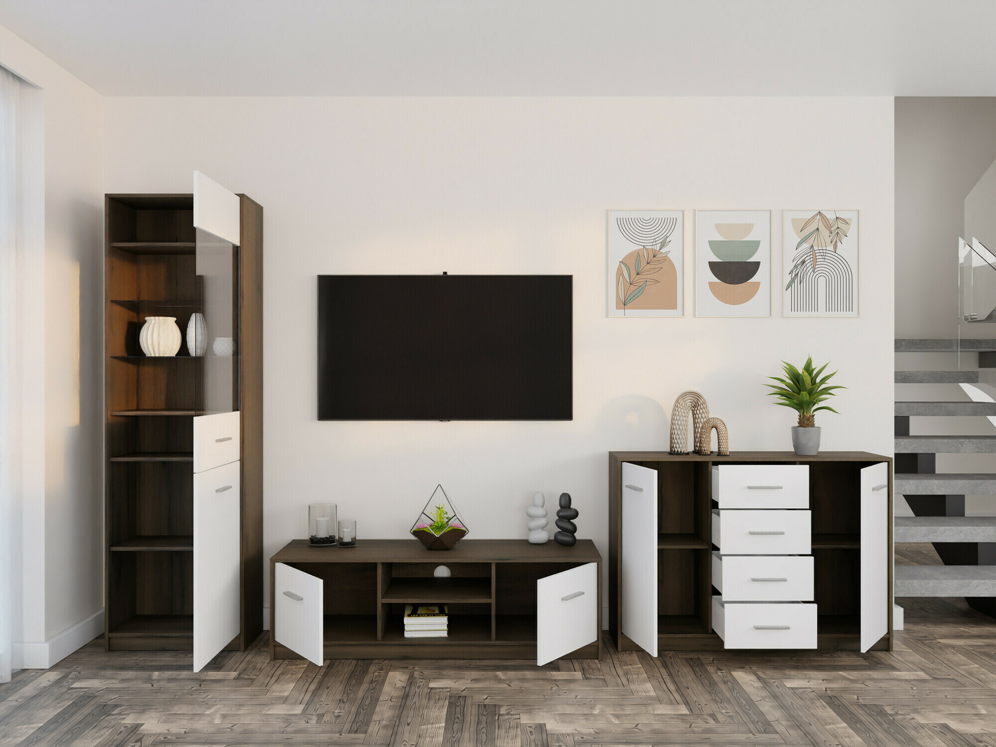 Komplet za dnevno sobo Novsore 162 (Temen hrast + Bela)