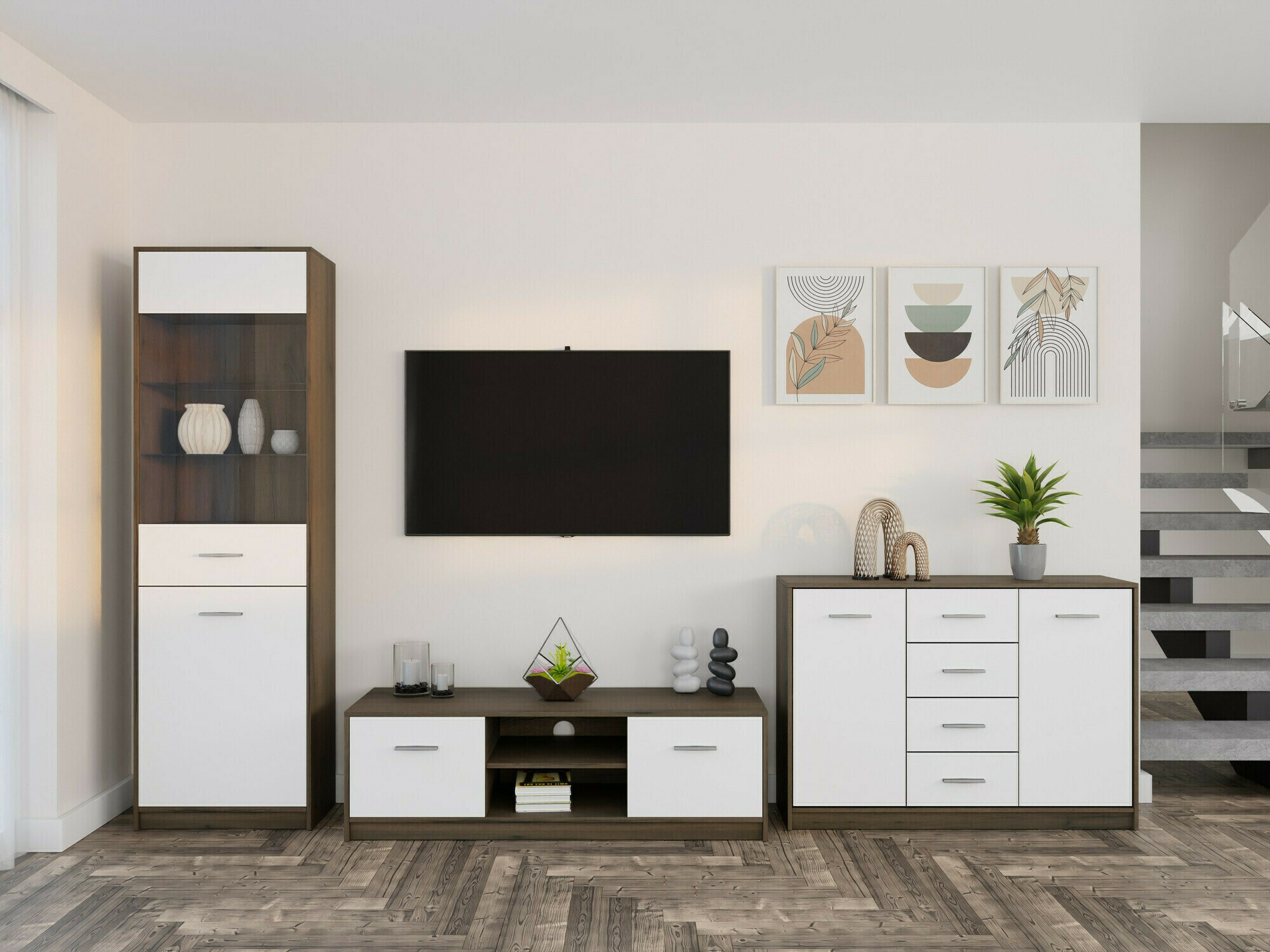 Komplet za dnevno sobo Novsore 162 (Temen hrast + Bela)