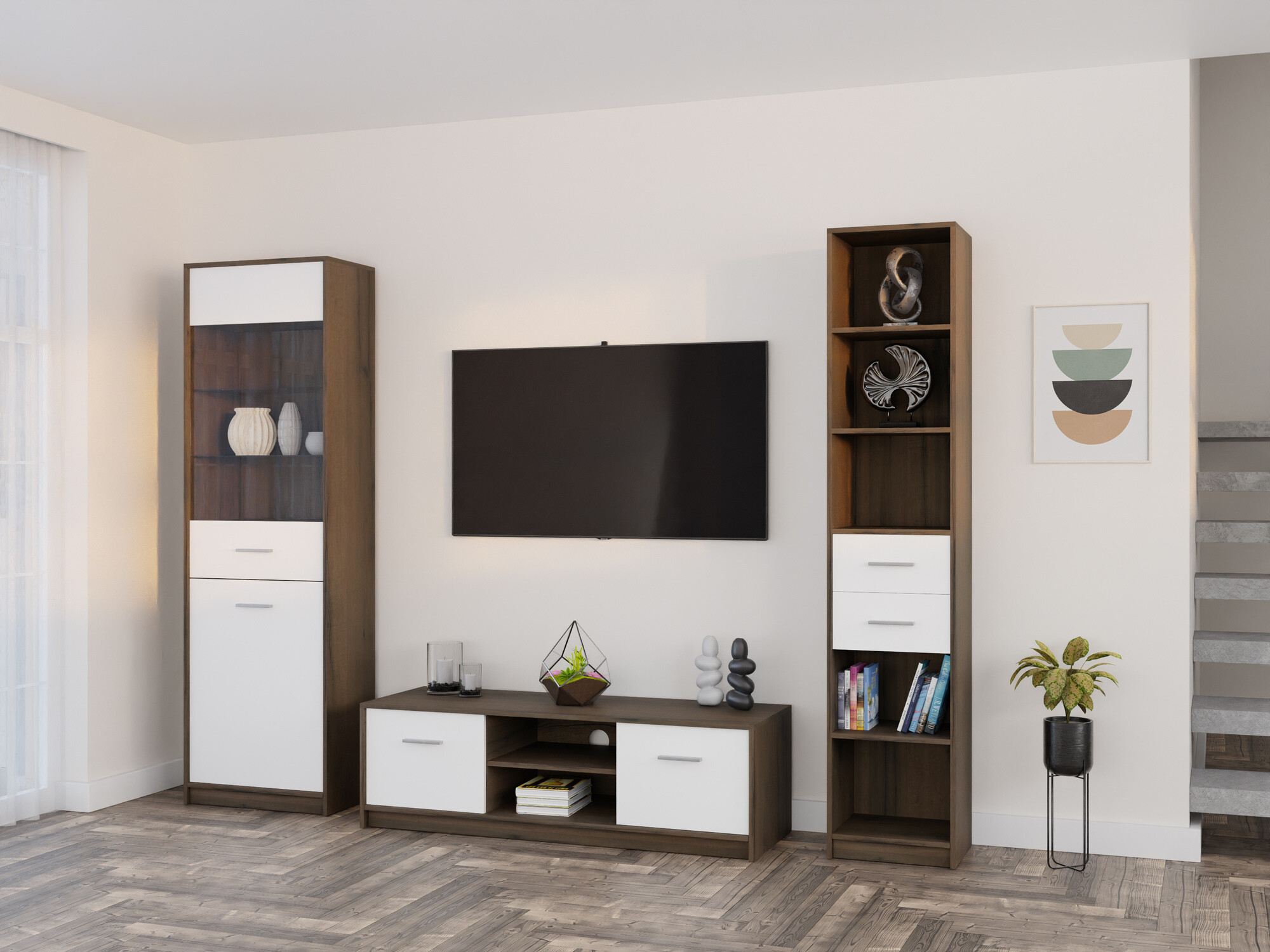 Komplet za dnevno sobo Novsore 163 (Temen hrast + Bela)