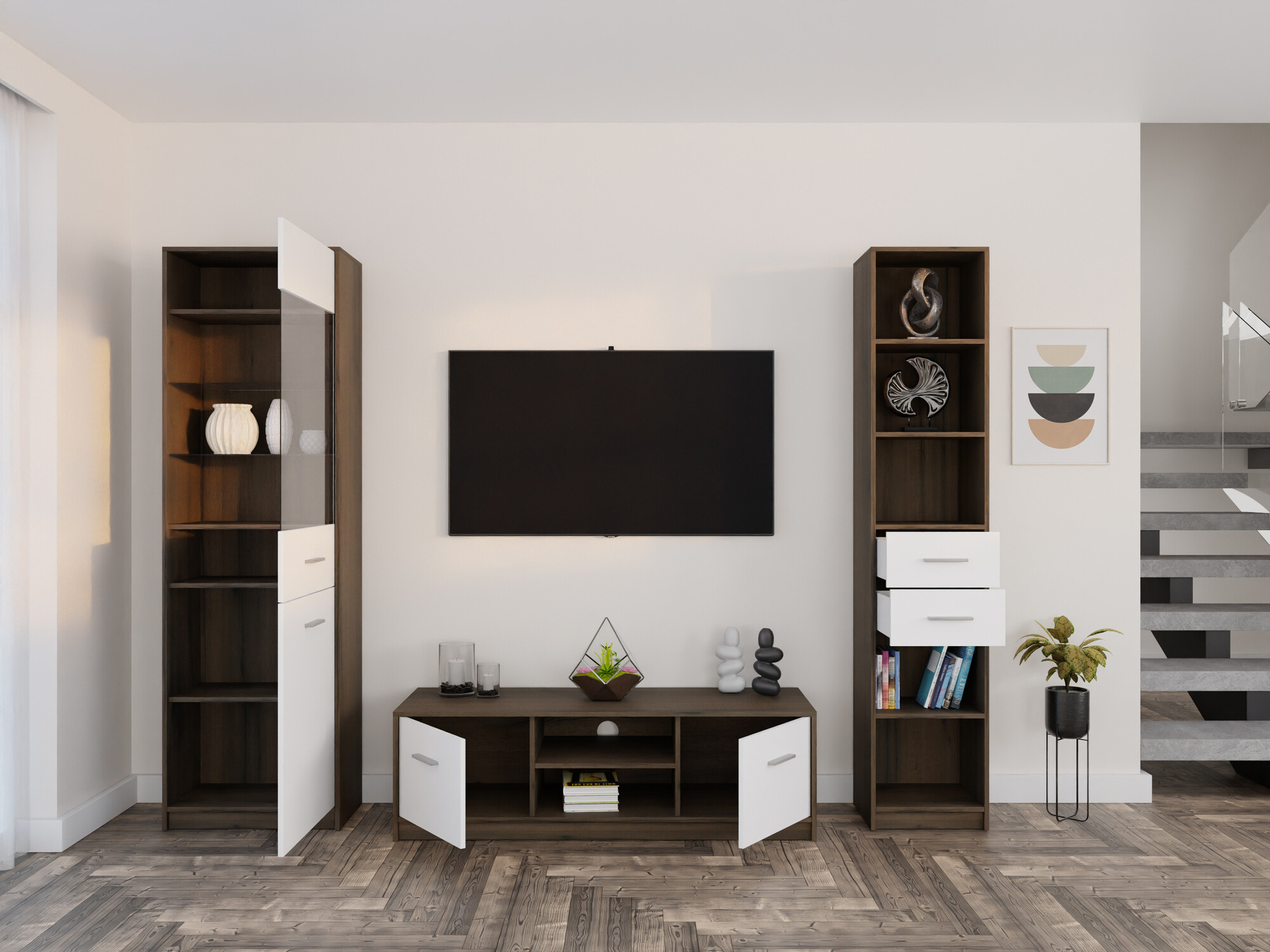 Komplet za dnevno sobo Novsore 163 (Temen hrast + Bela)