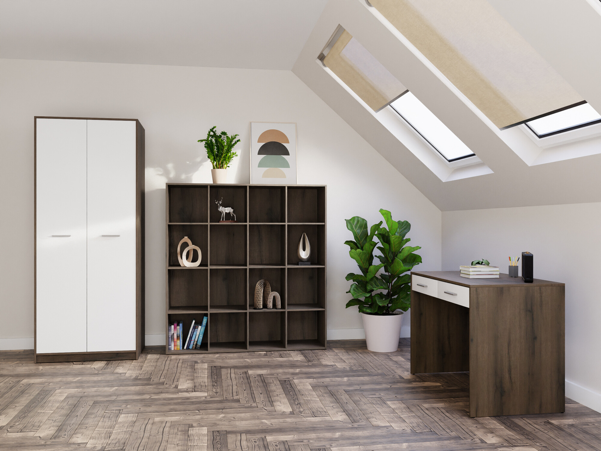 Komplet za domačo pisarno Novsore 166 (Temen hrast + Bela)