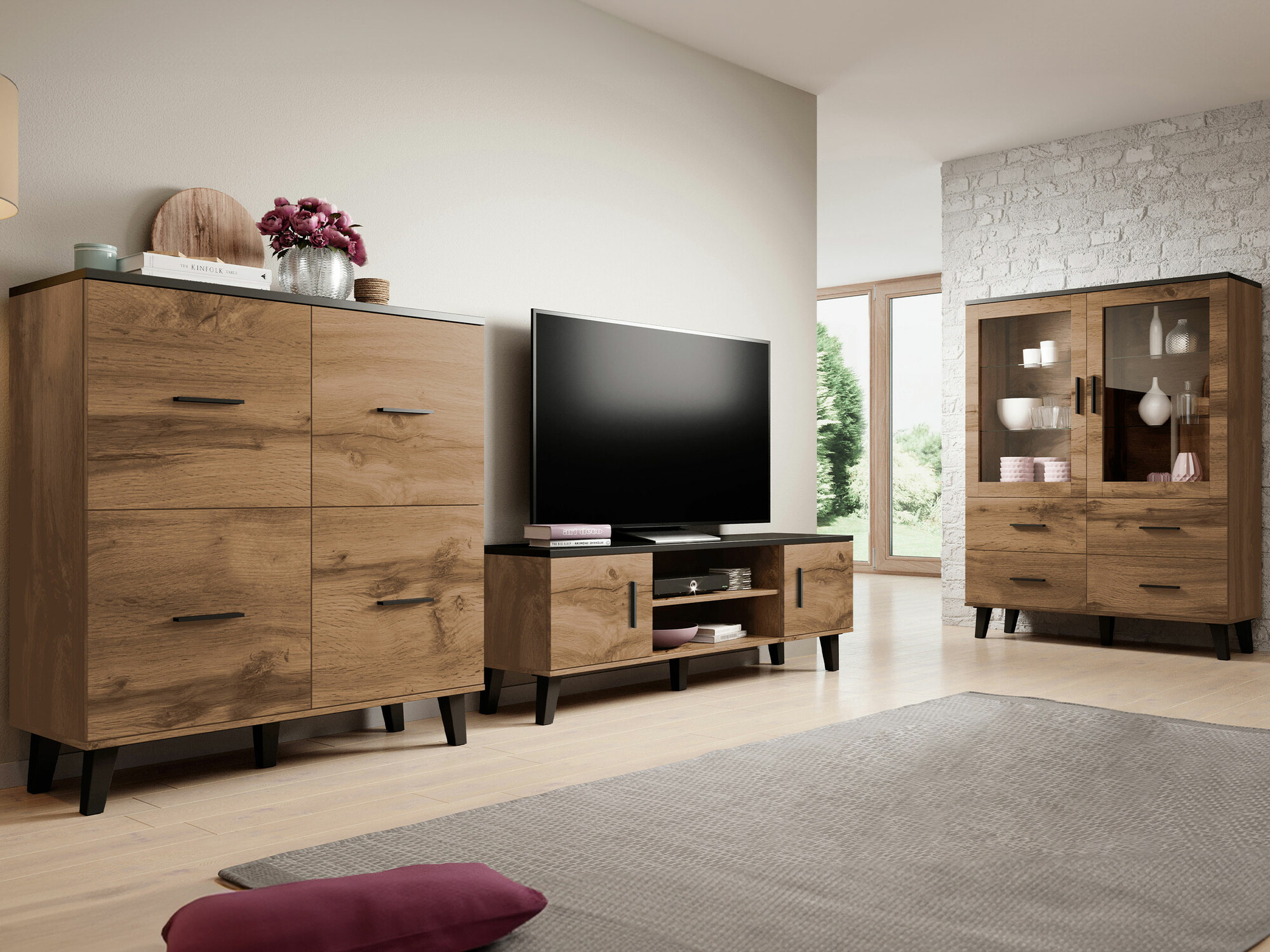 Komplet za dnevno sobo Larfloi 113 (Wotan hrast + Črna)