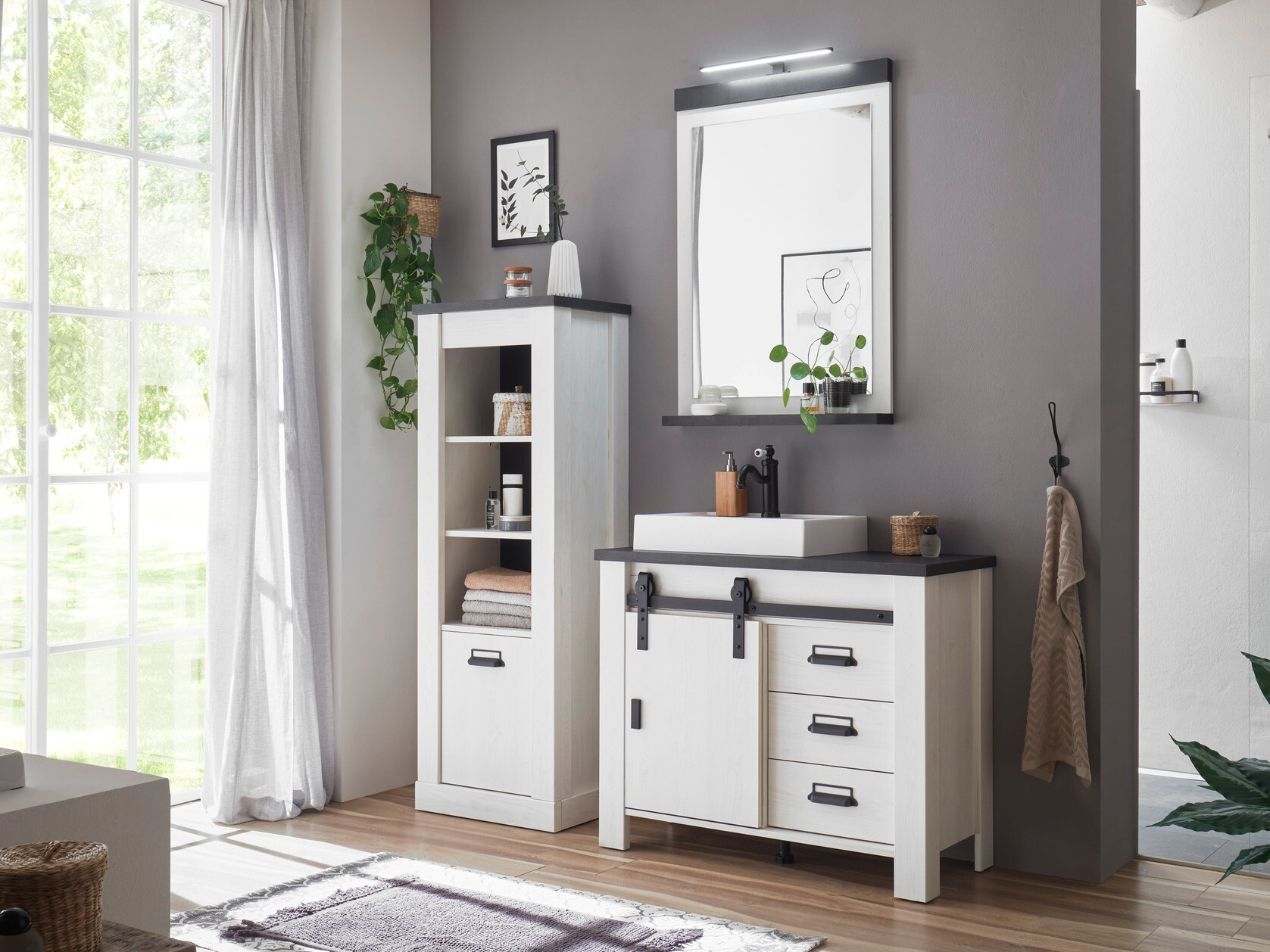 Prostostoječa kopalniška omarica za umivalnik Cirtale 133 (Beljen bor + Antracit)