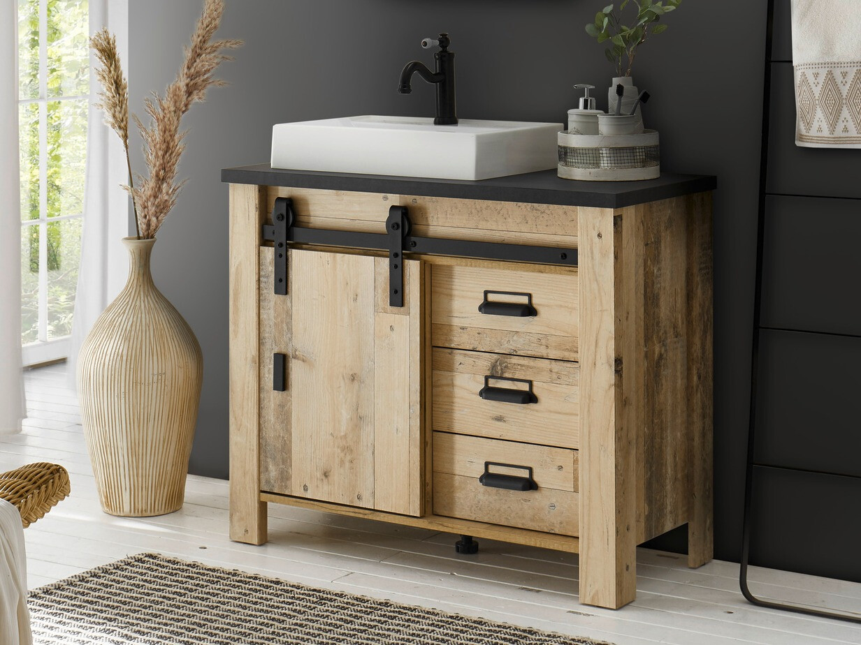 Prostostoječa kopalniška omarica za umivalnik Cirtale 133 (Rustikalen les + Antracit)