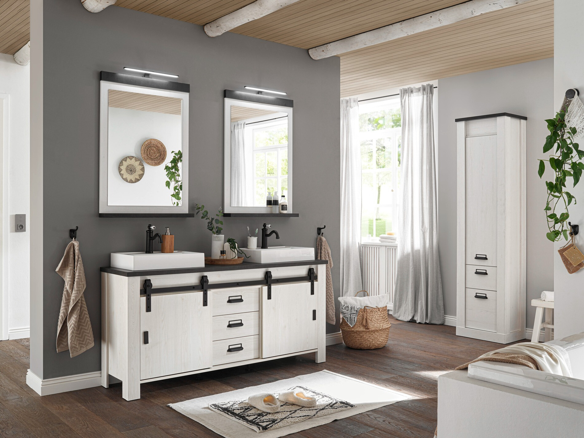 Prostostoječa kopalniška omarica za umivalnik Cirtale 134 (Beljen bor + Antracit)