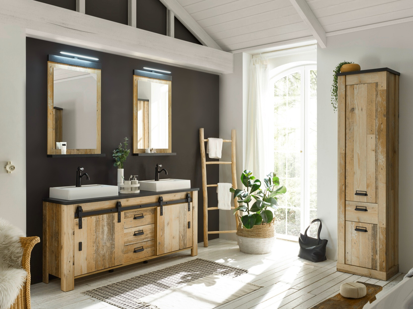 Prostostoječa kopalniška omarica za umivalnik Cirtale 134 (Rustikalen les + Antracit)