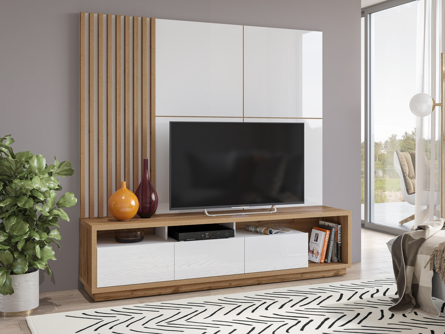 Komplet za dnevno sobo Austin 360 (Wotan hrast + Bela + Sijaj bela)