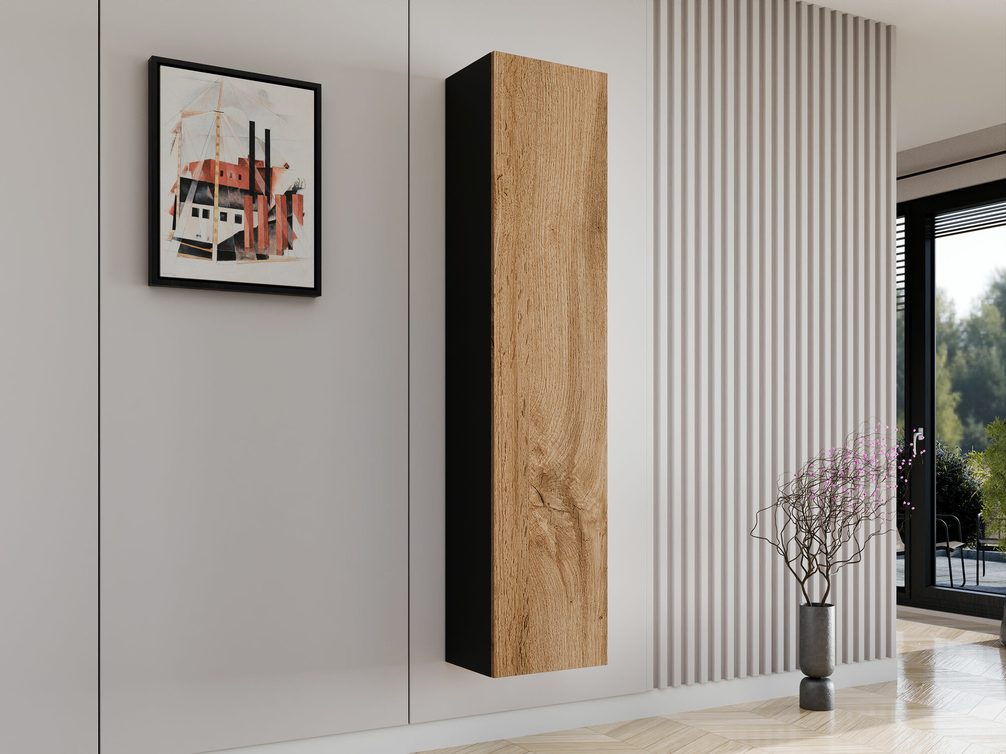 Stenska polica Venenou 128 (Črna + Wotan hrast)