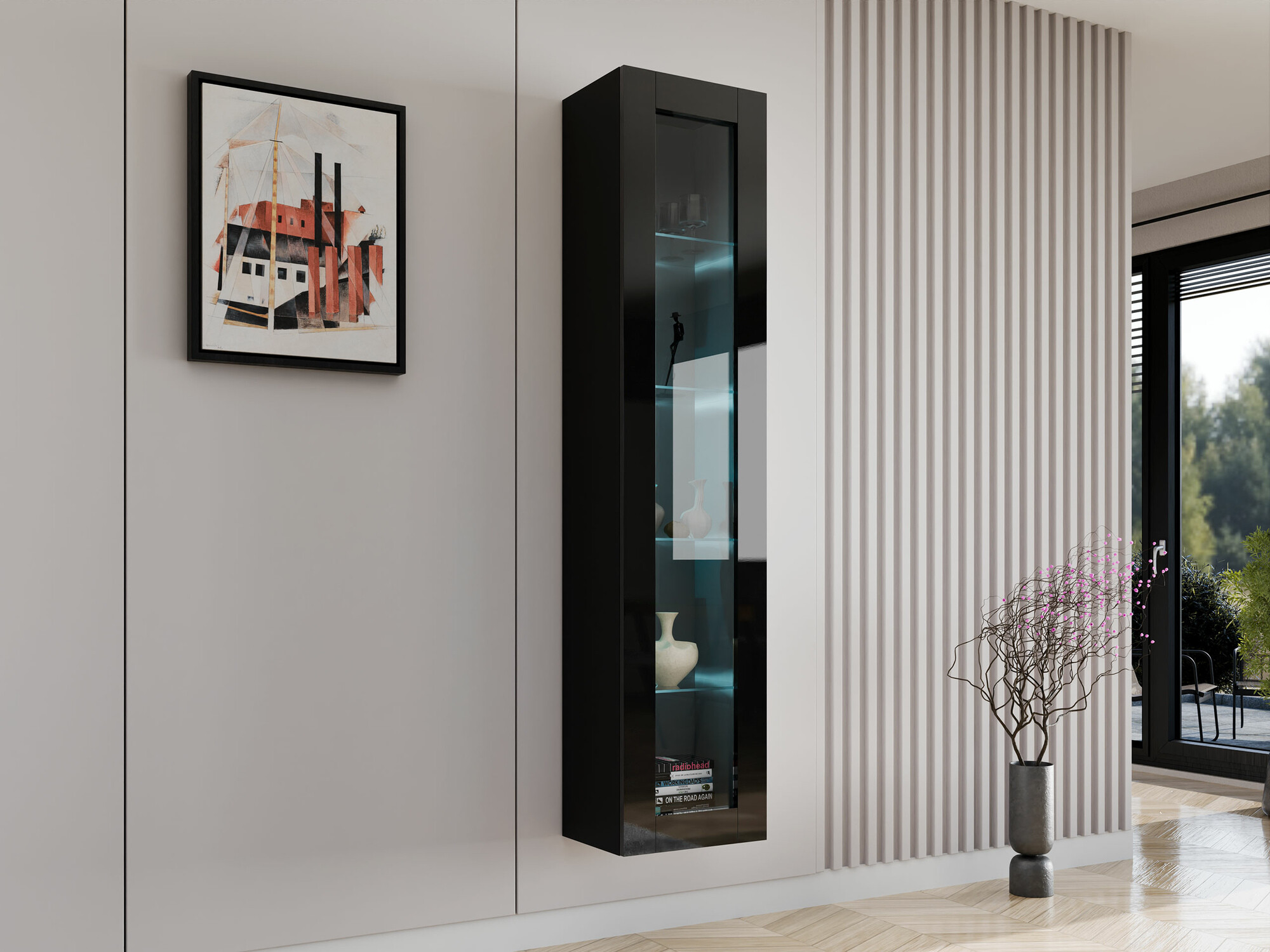 Stenska polica Venenou 129 (Črna + Sijaj črna)