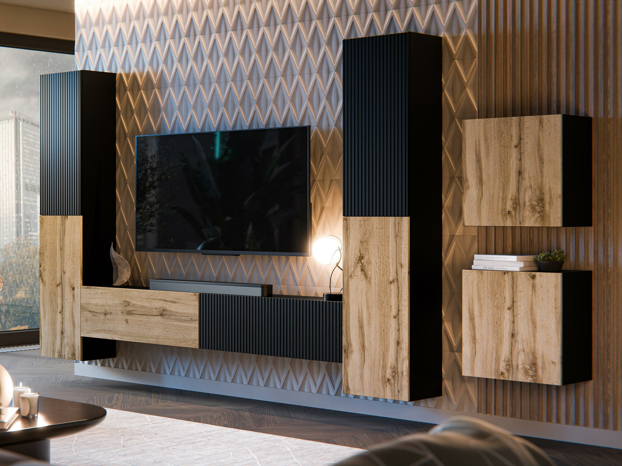 Komplet za dnevno sobo Species V (Črna + Wotan hrast)