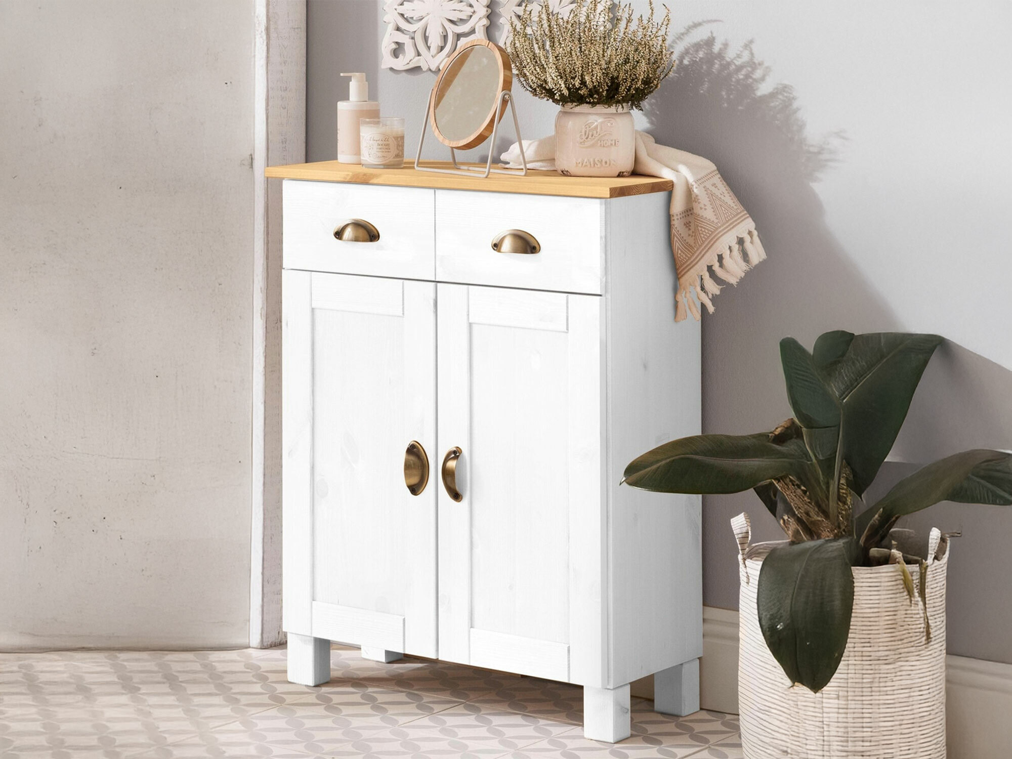 Prostostoječa Kopalniška omarica Serelbu 104 (Bela + Svetlo rjava)